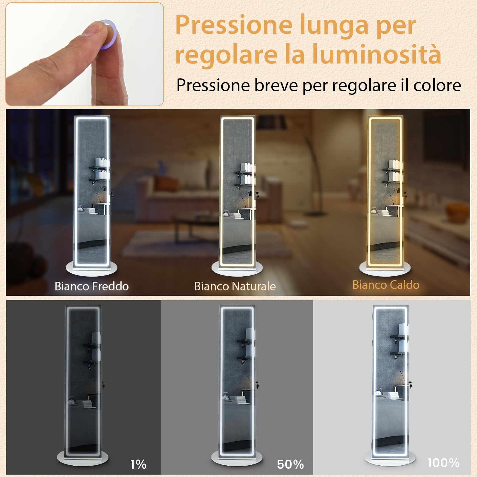 RELAX4LIFE Armario Joyero con Base Giratoria 360°y Espejo Cuerpo Entero, Espejo Joyero de Pie con Luces LED Luminosas, Organizador para Joyas y Accesorios (Blanco, 54,5x54,5x160 cm)