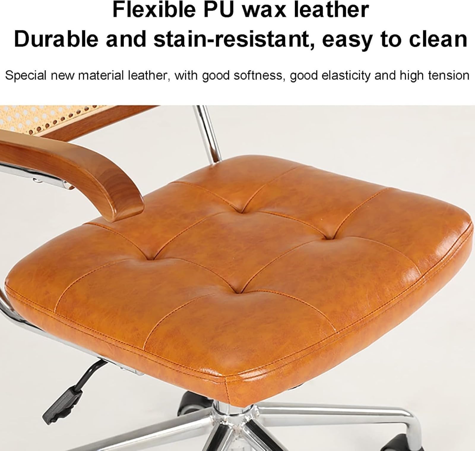 Sedia da ufficio in rattan con seduta in pelle PU, base girevole regolabile, schienale in tessuto traspirante, robusto telaio cromato, braccioli ergonomici, ruote scorrevoli