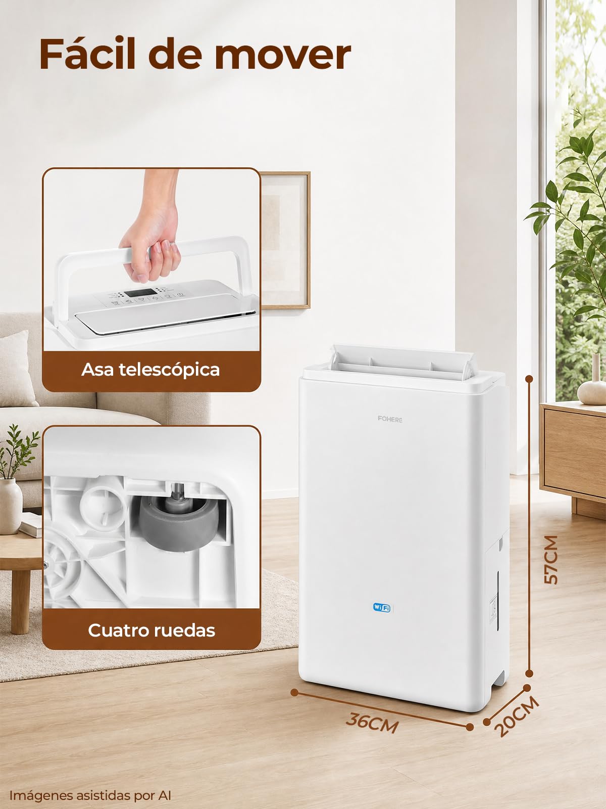 FOHERE Deshumidificador de aire Inteligente WiFi 20L/24H, Deshumidificador para Habitaciones hasta 50m², Gran Depósito 4,2L y Manguera, Oscilación, Secado de Ropa, Temporizador 24H Antimoho