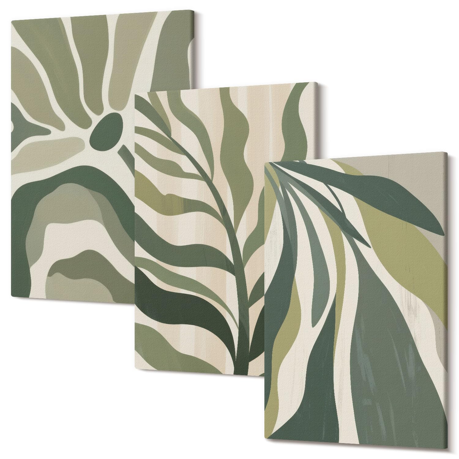 Wallfluent Cuadros 60x40 cm Tríptico en Lienzo Polycanvas – Arte de Pared para Dormitorio o Salón – Ilustraciones de hojas pintadas en tonos verdes