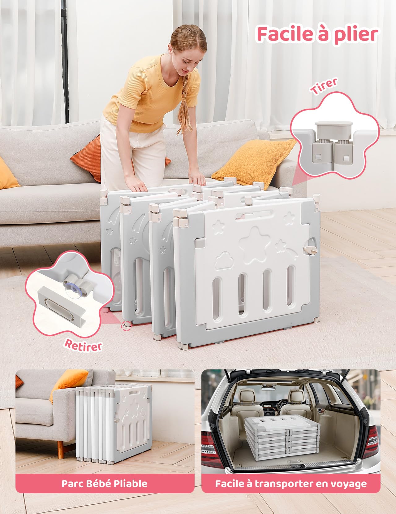 Dripex Parc bebe modulable plastique, panneau pour parc bebe modulable, 2 panneaux, Gris et blanc