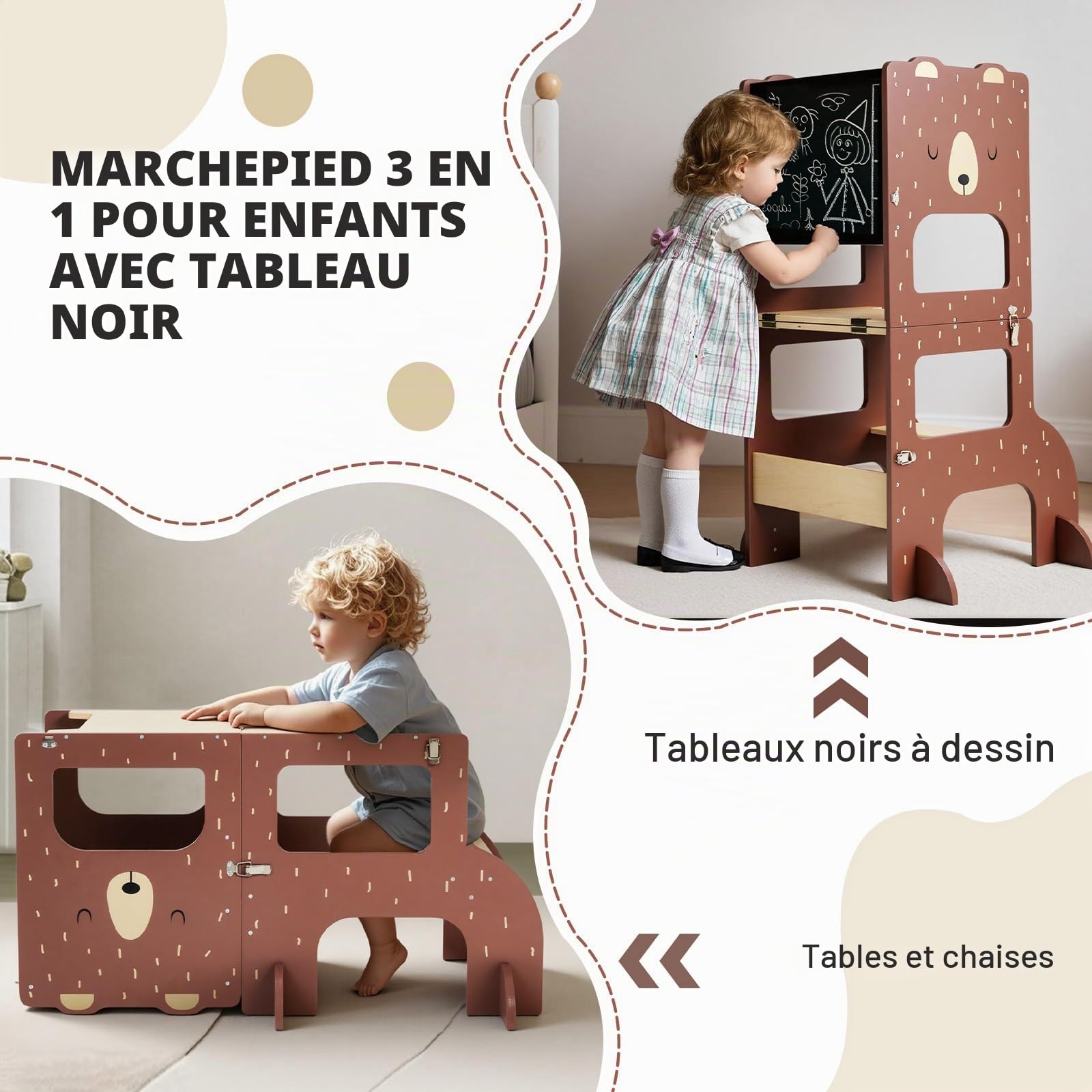 Labebe Tour d Observation Enfant, Grande Taille Tour d'observation Montessori 1-3 Ans,Tour Montessori multifonctionnelle 3 en 1 - l'ours Brun