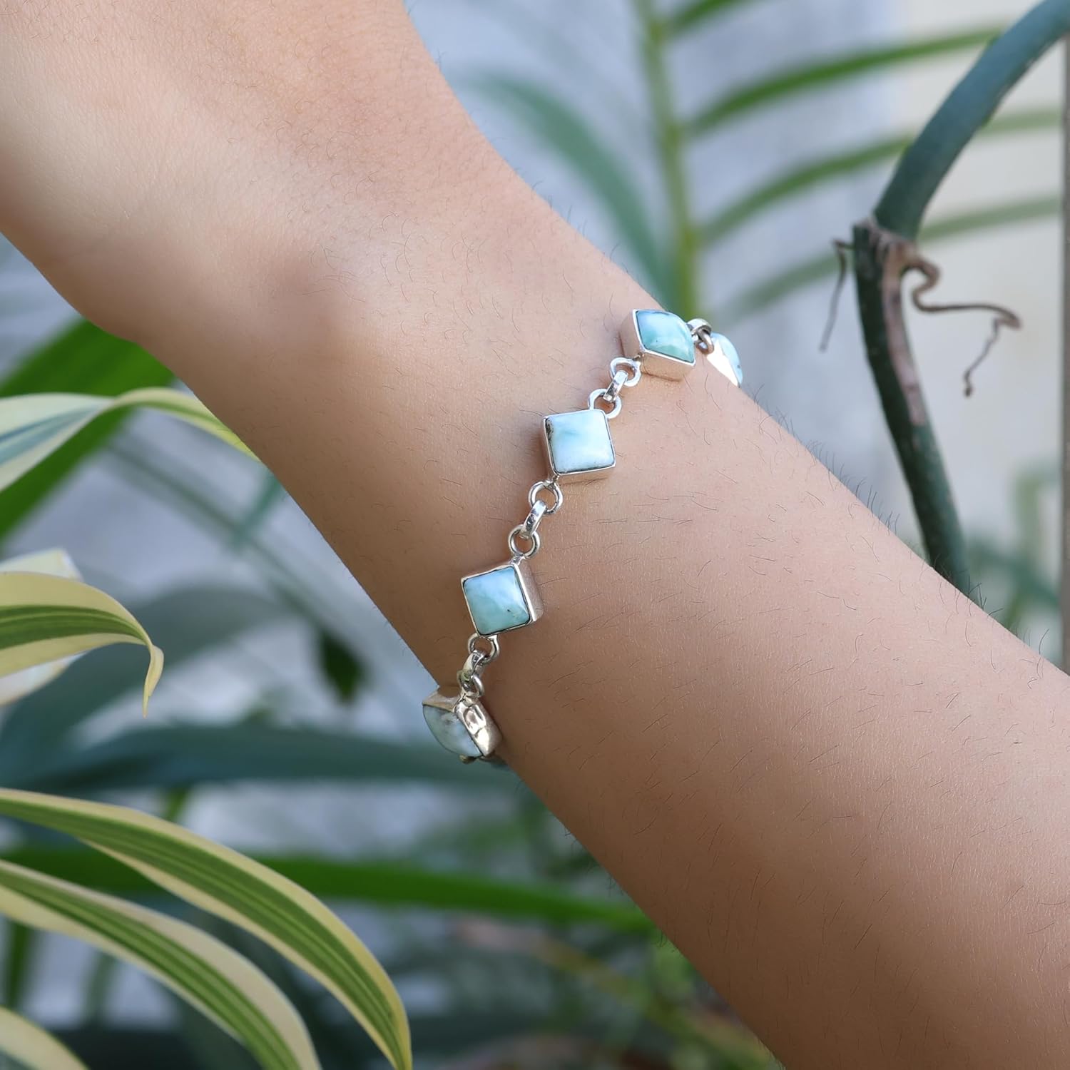 SSJ Larimar Link Bracelet for Women 925 Sterling Silver Square Shape Natural Larimar Blue Stone Adjustable Bracelet 7.5" (Blue)
