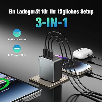 Bestwist 65 W USB-C Charger Power Supply Triple Fast Charger with 2 x USB-C & 1 x USB‑A (PD/PPS/QC4+) Compact for iPhone 16/15/14 Samsung S24/S23/S22 MacBook iPad Pixel Dell HP etc. - Black