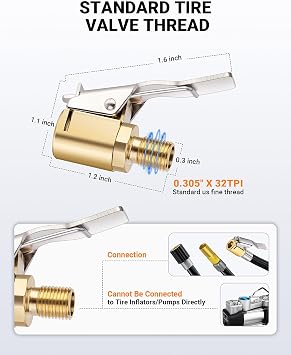 2pcs Tire Air Chuck with Clip Adapter, Brass Tire Inflation Hose Adapter with Locking Tire Nozzle Valve Thread, Unscrewed Twist Connection Converts to Locking Connection for Air Compressor Pump Clamp