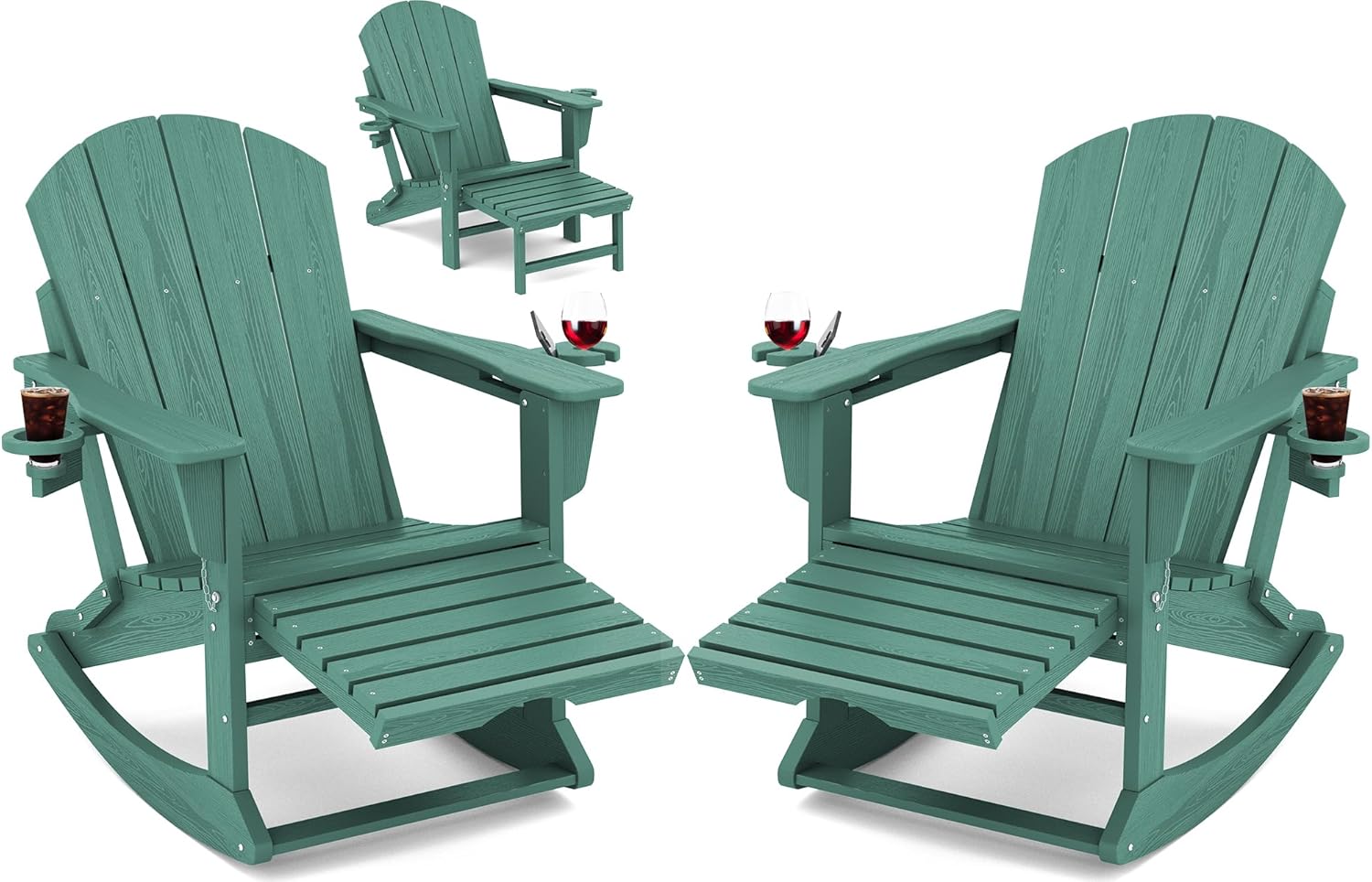 KINGYES Adirondack Rocking Chair Set of 2 with Retractable Ottoman and Cup Holders, HDPE Adirondack Rocker Patio Rocking Chair for Porch, Patio, Balcony, Leaf Green