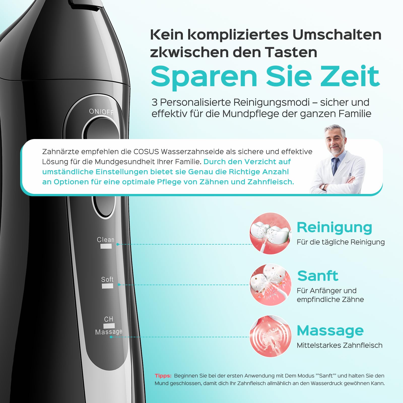 COSLUS Munddusche Kabellos Trragba Elektrische C20(F5020E): 300ML WassertankTestsieger 2026 IPX7 Wasserdicht für Oral Health Enthusiasten Tägliche Tiefenreinigung Reinigung 5 Multifunktionale Jet-Tipp - 4