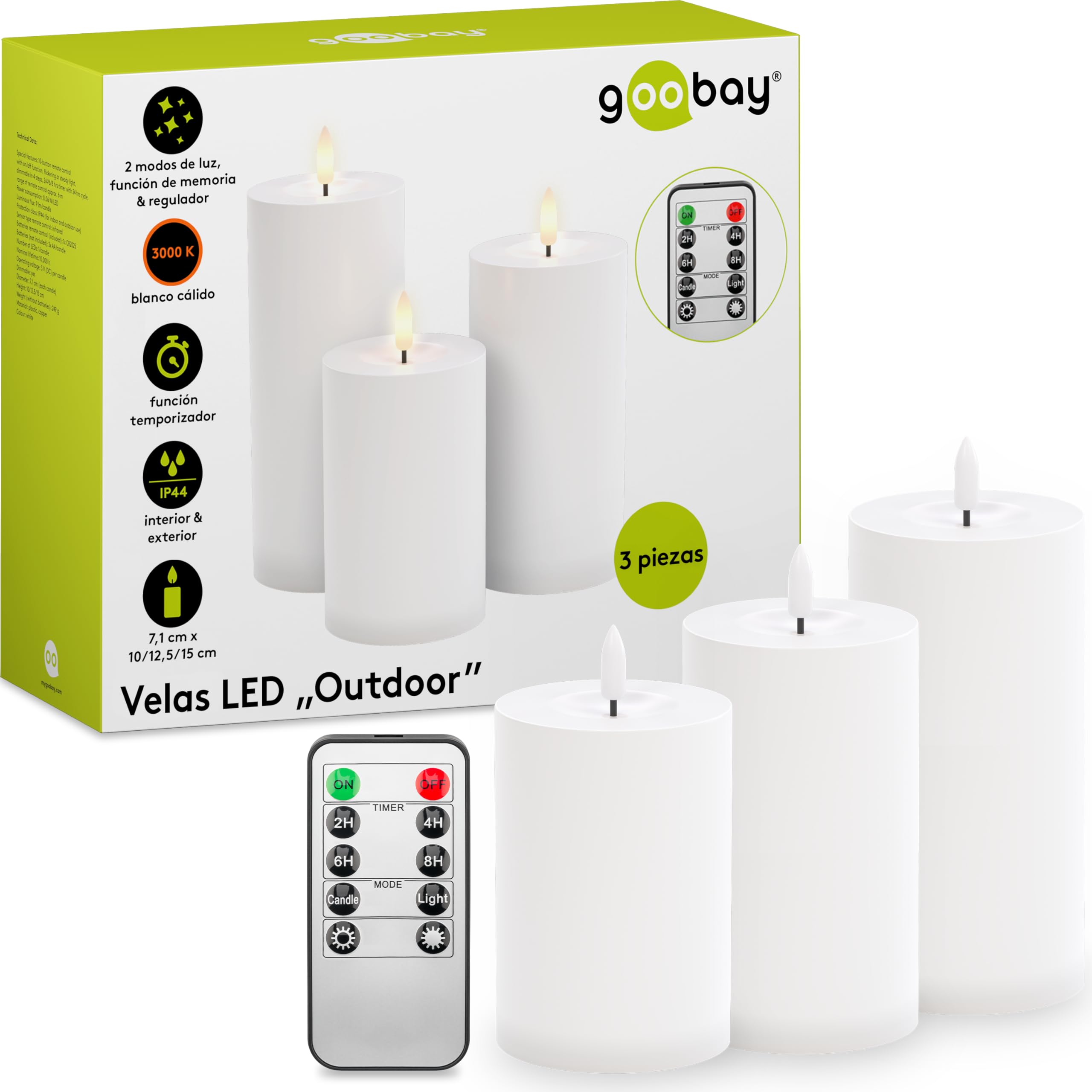goobay 64786 Set de 3 velas LED con mando a distancia/velas eléctricas de exterior/llama parpadeante realista/decoración/función temporizador/vela LED sin llama/funcionan con pilas