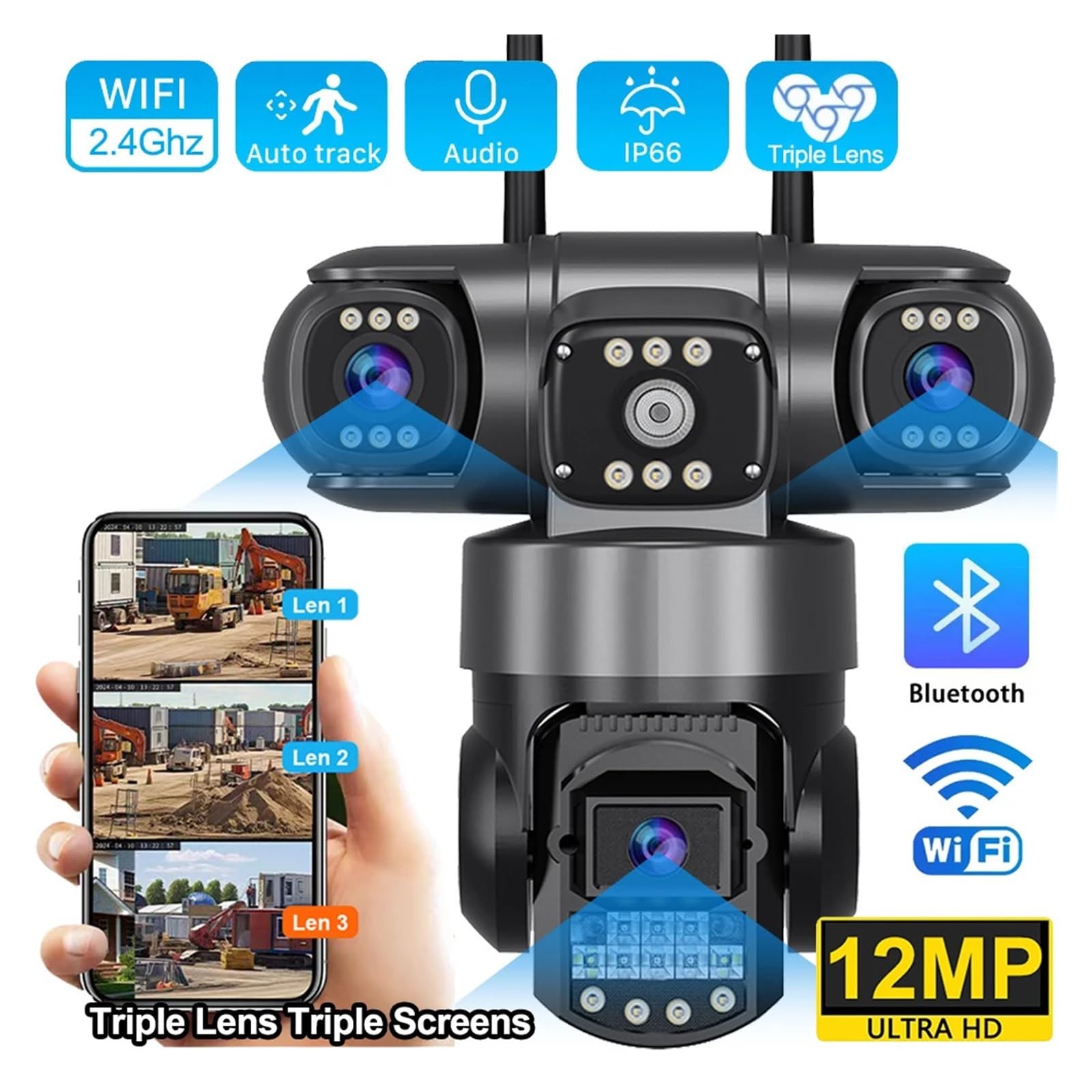 Telecamera IP Wi-Fi V380 PRO da Esterno 12 MP 6K, Triplo Obiettivo, Triplo Schermo, Monitor di Sicurezza, Visione Notturna, telecamere CCTV Impermeabili(EU Plug,Cam ADD 128GB Card)