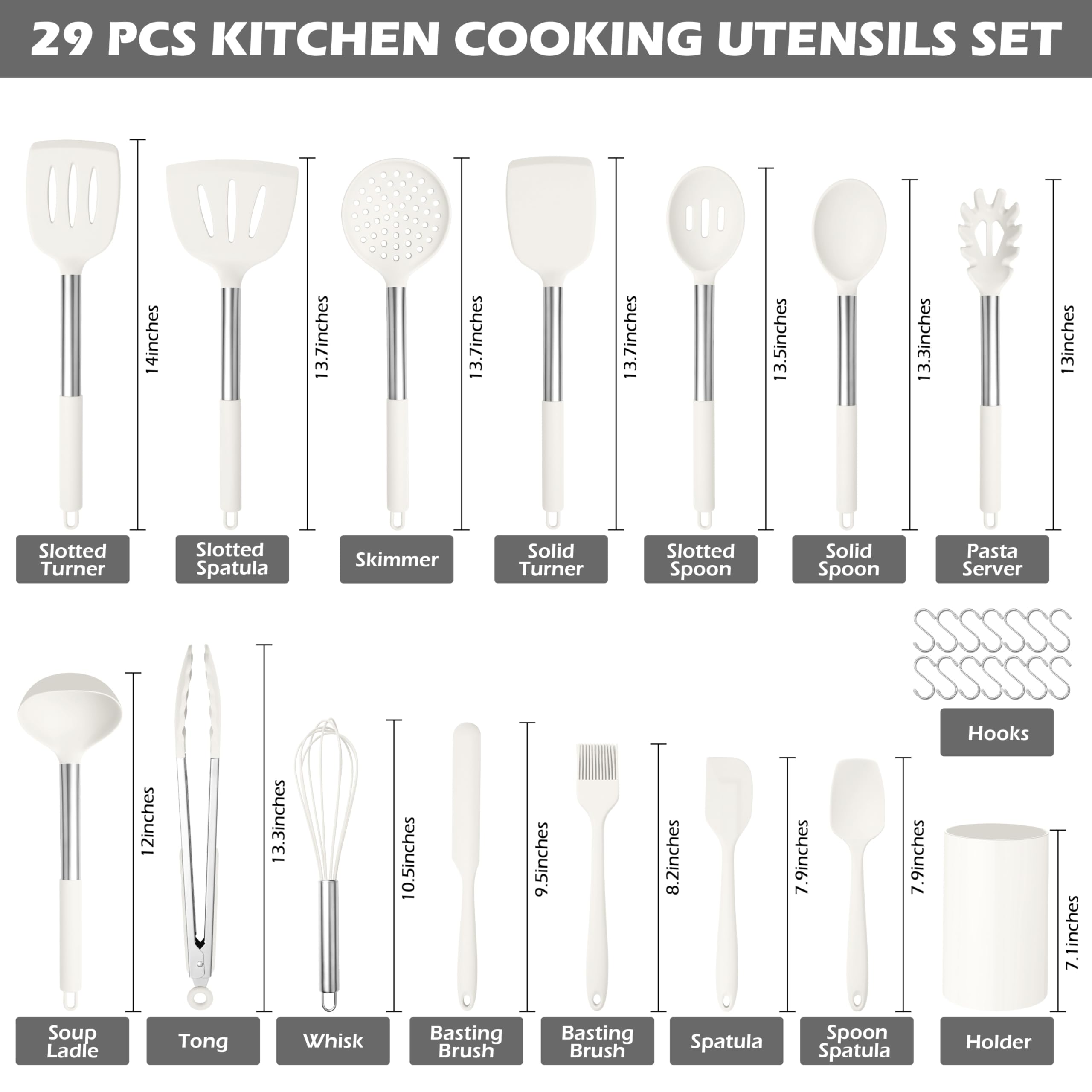 HaWare 29-teiliges Silikon-Kochutensilien-Set, hitzebeständiges Küchenutensilien-Set mit Edelstahlgriff, Pfannenwender-Sets mit Halter und Haken, Küchenhelfer für antihaftbeschichtetes Kochgeschirr