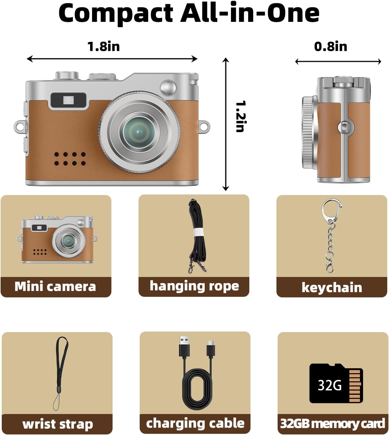 Mini Keychain Camera, 1080P HD Retro Camcorder with 0.96" Screen, 32GB Card Included, Graduation Gifts for Teen Boys and Girls, Birthday Gifts for Man and Woman, (Brown)