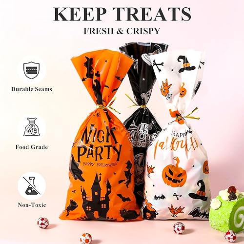 Miniatura 6 de Bolsas de dulces de Halloween, bolsas de celofán transparente de 5 x 10 pulgadas con diseños de Halloween, calabazas, bolsas de violonchelo de