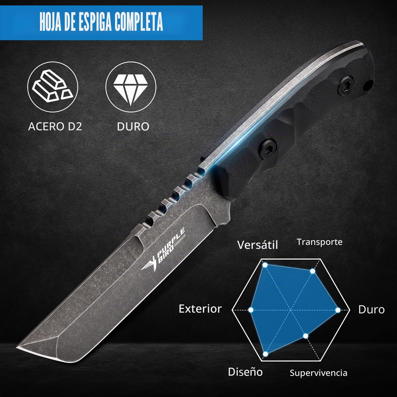 PURPLEBIRD Cuchillo Caza Hoja Fija Bushcraft para Exterior | Cuchillo de hoja fija para bushcraft, camping y aventuras en naturaleza.
