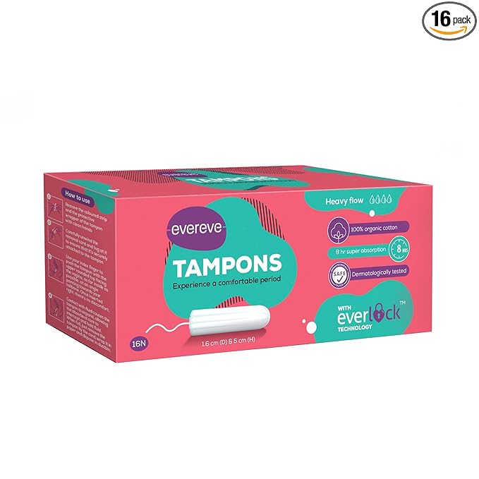 Evereve Tampons, 100% Organic Cotton, For Heavy Menstrual flow, 16 pcs, Super absorption, Safe, Soft & Comfortable, Stain-free periods, Rash-free, Prevents odour, FDA approved, Biodegradable at Rs. 173