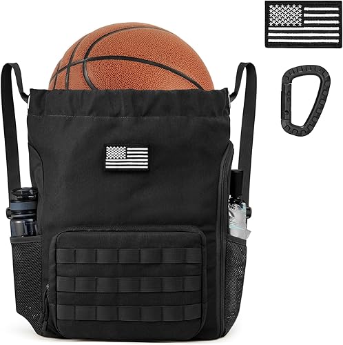 Miniatura 9 de G4Free Mochila con cordón para gimnasio, bolsa de baloncesto de fútbol con compartimento para zapatos, bolsa deportiva táctica, Negro -, Classic