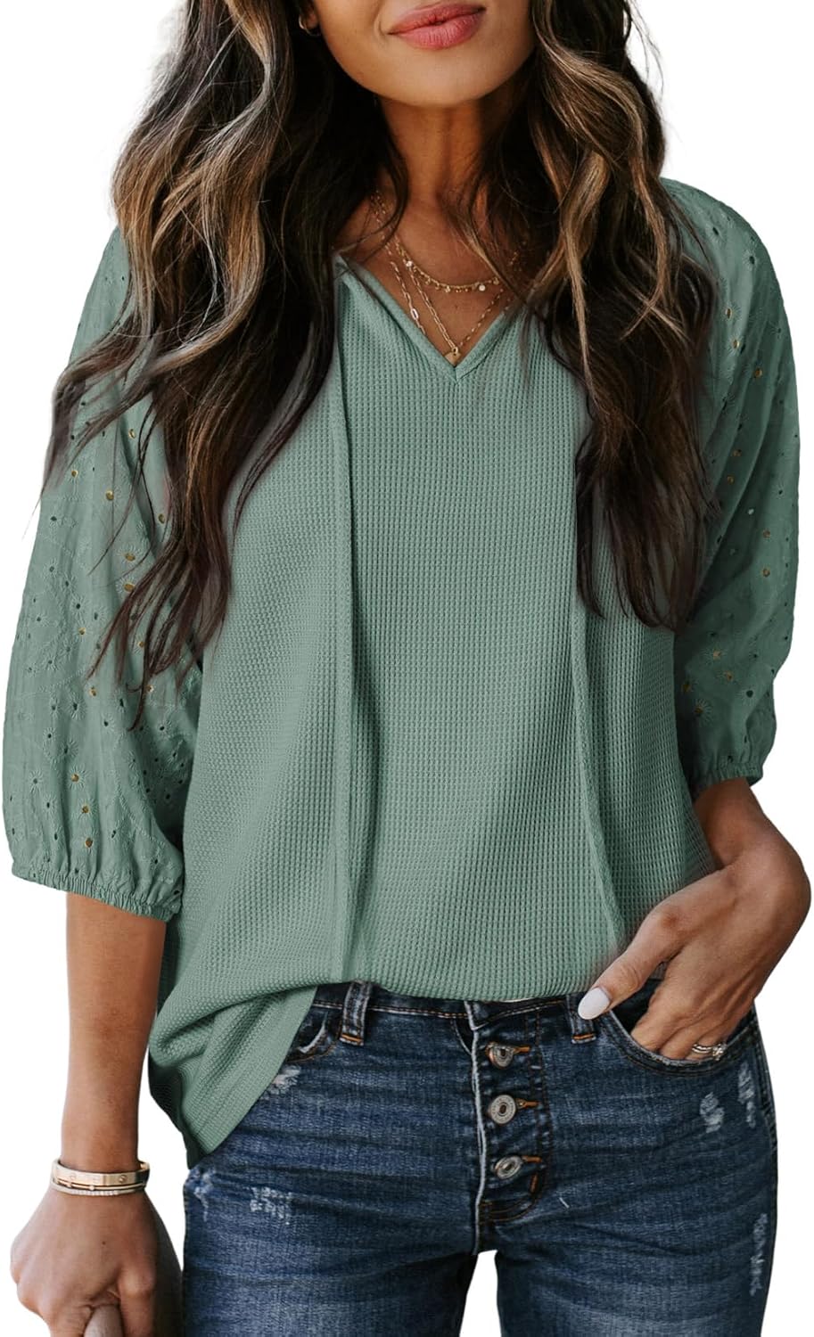 Dokotoo Women's Waffle Knit V Neck Tops Puff Sleeve Tunic Blouse Casual Summer Eyelet Shirts