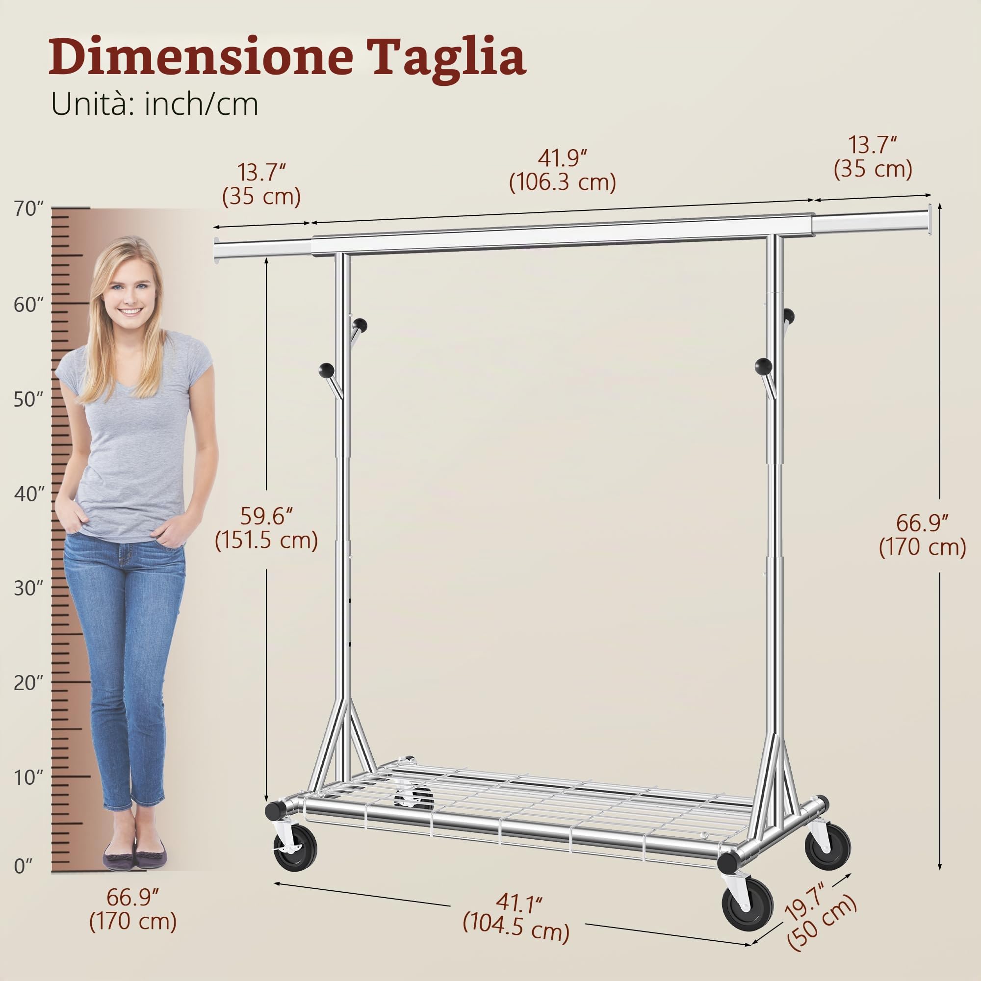 FAVOOSTY Stand Appendiabiti con Ruote, Attaccapanni Estensibile per Carichi Pesanti, Portata Totale 200 kg - 50 x (106-176) x 170 cm, installazione rapida 1 minuto,Argento
