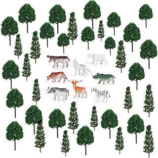 Foreverup 65pcs Mixed Model Trees, Plastic Mini Diorama Trees for Projects 1.37-3.1 Inch (3.5-8 cm), Miniature Landscape Trees with 8pcs Animals Figures for DIY Train Railways Scenery Landscape
