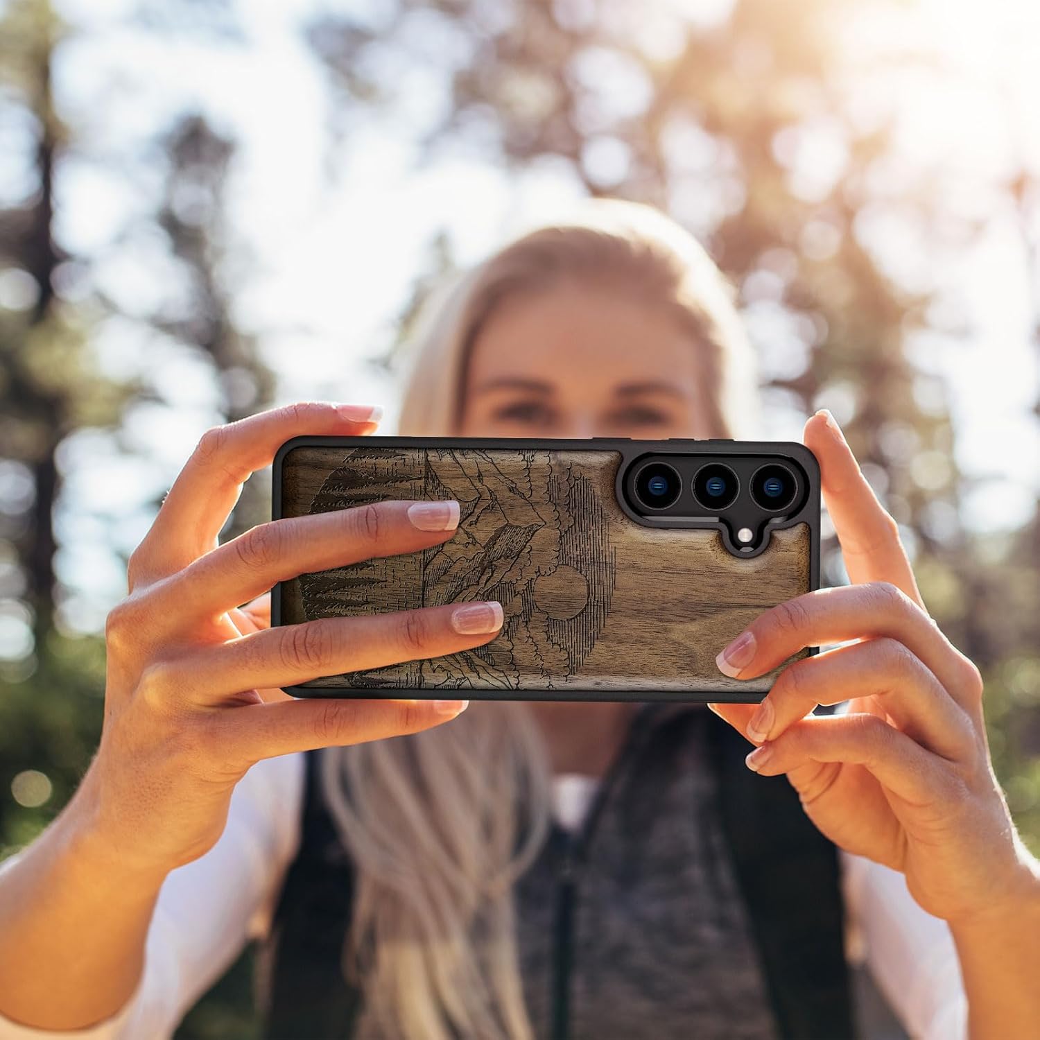 Carveit Wood Case for Galaxy S24 Case [Natural Wood & Black Soft TPU] Shockproof Protective Cover Unique Wooden Design Compatible with Samsung S24 (Alpine Lakes-Walnut)