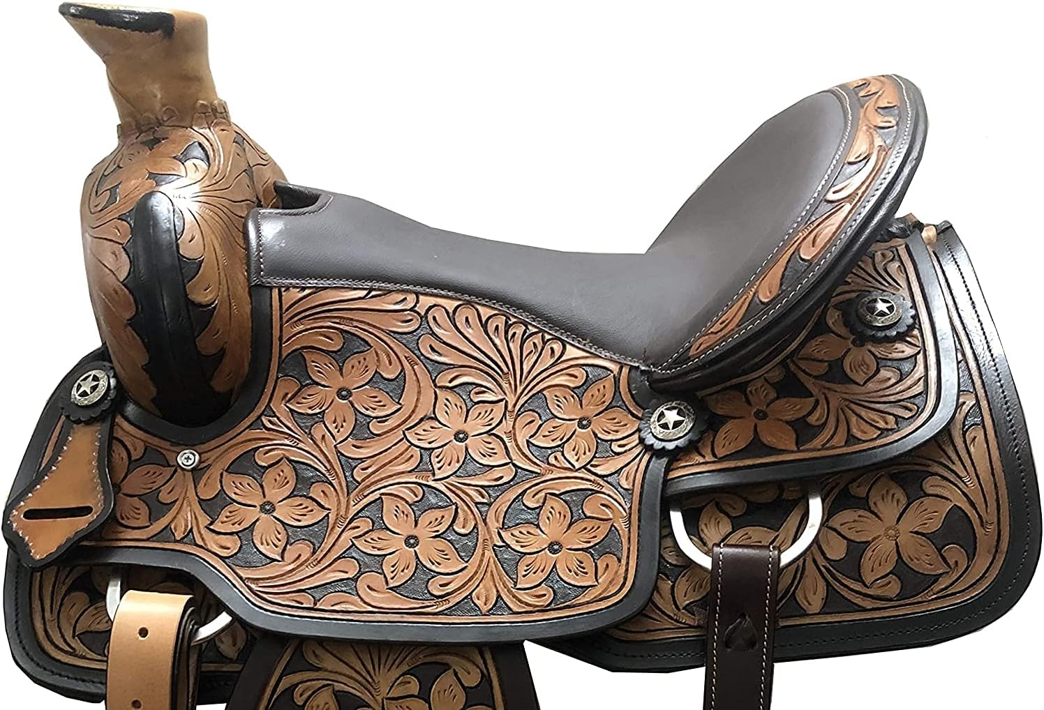 Western Horse Saddle Wade Tree A Fork Ranch Roping Work Handmade Tooled Carved Premium Leather Equestrian Trail Horse Saddle for Horse Riding Size: 10-18 inches Seat, OS29