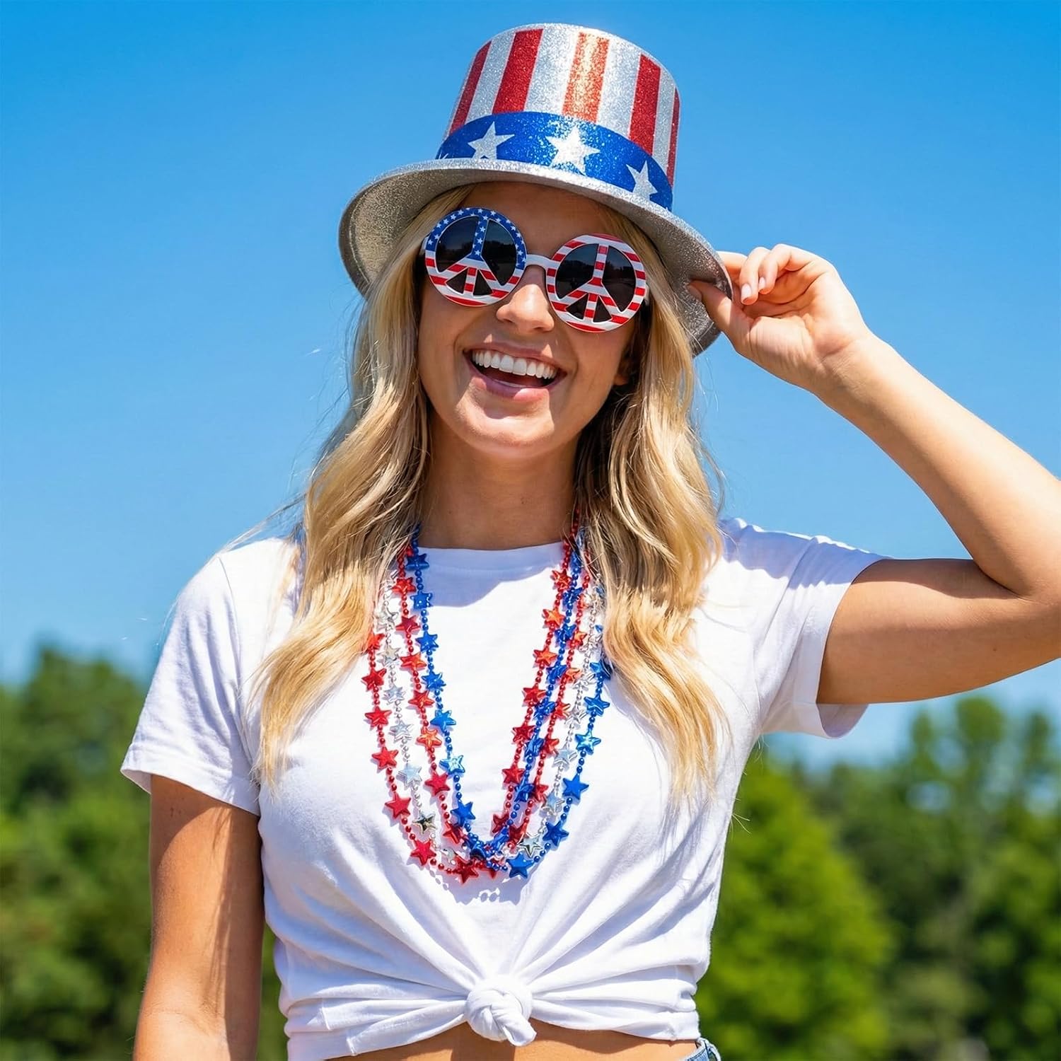 24 Pieces Patriotic Star and Round Bead Necklaces Bulk, 33 Inches Red White Blue Metallic Necklaces for 4th of July, Independence Day, Memorial Day, Veteran American Parade Throws Party Favors