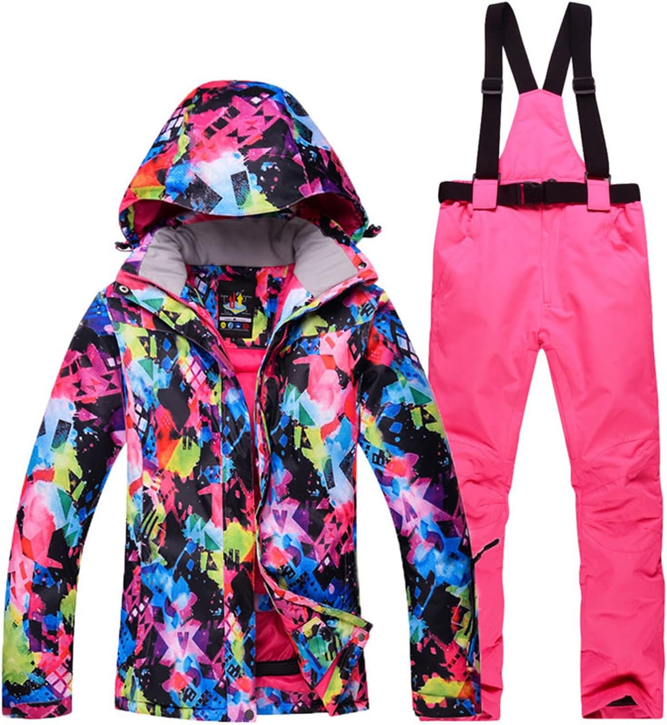 Women's Ski Suits Set, Women Colorful Printed Thickening Hooded Jackets and Pants Set, Waterproof Windproof Snowsuits, for Many Outdoor Activities, Such As Skiing ( Color : F Rainbow , Size : Medium )