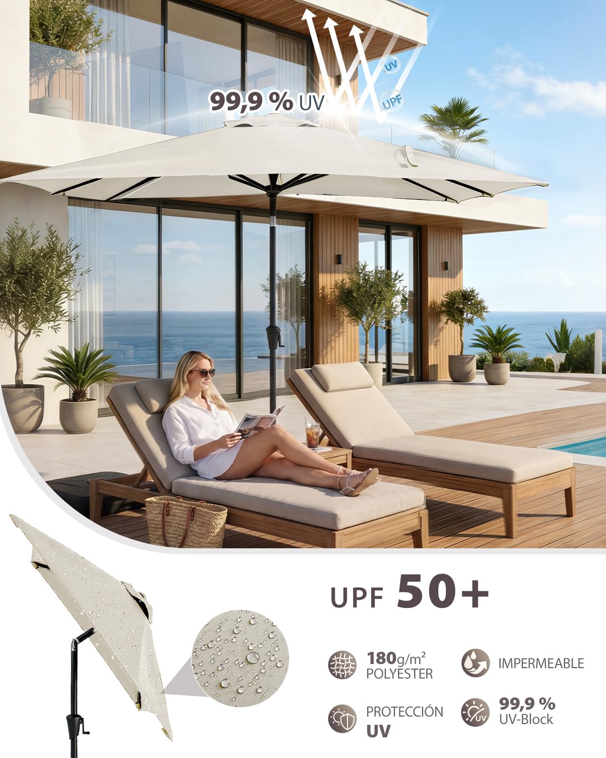Sunula Parasol rectangulaire avec système de manivelle, tube en acier de 38 mm et baleines ovales de 12 x 18 mm, parasol de marché, protection solaire pour balcon, jardin