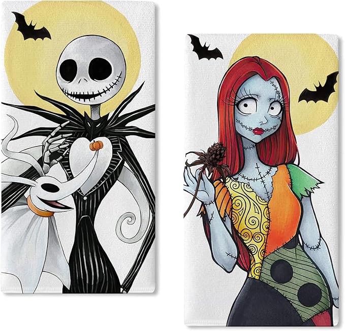 Seliem Halloween Jack Kitchen Dish Towels Set of 2, Spooky Sally Skull Ghost Moon Bat Hand Towels Drying Baking Cooking Cloth, Funny Holiday Party Home Kitchen Decor 18 x 26 Inch