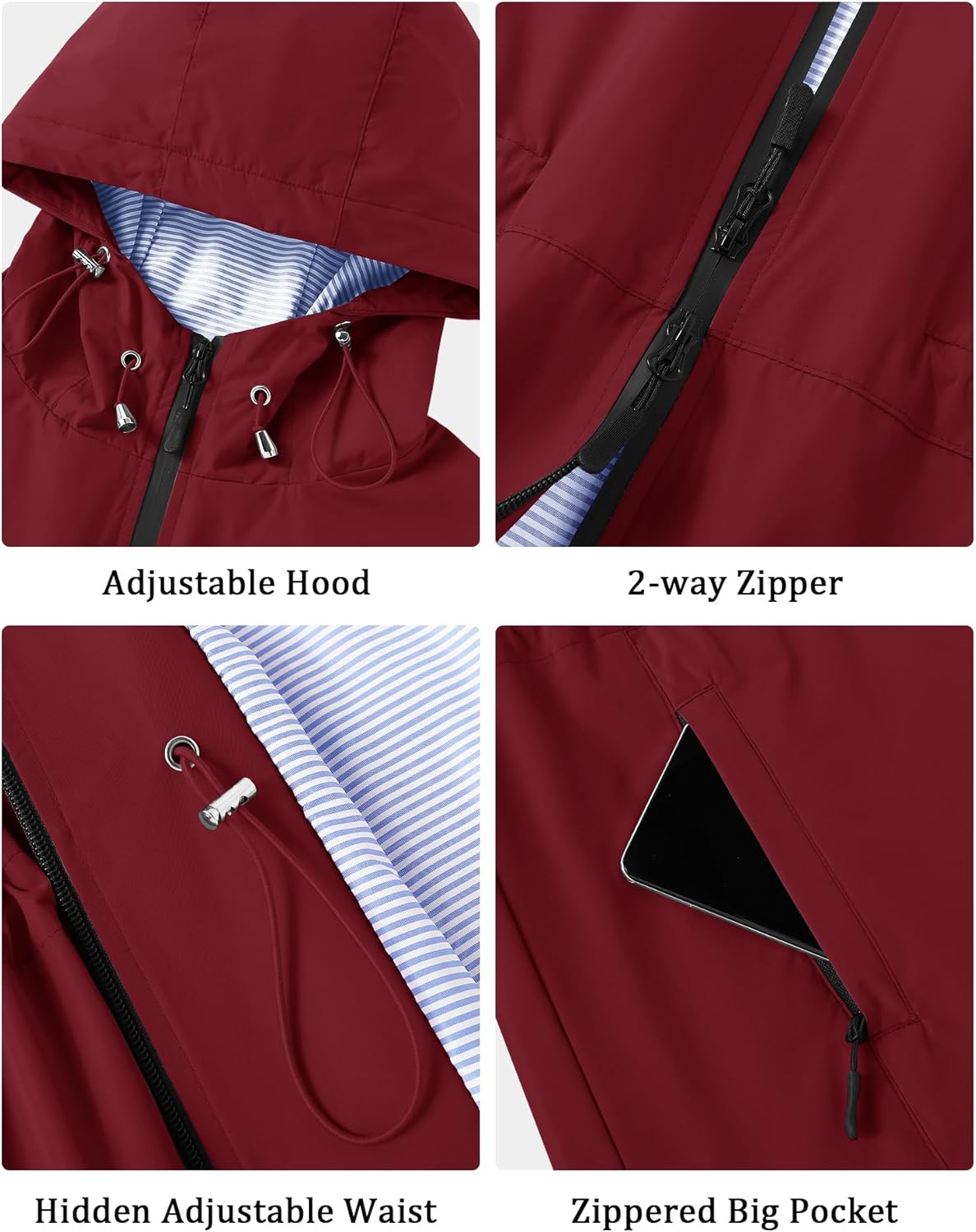 TCOT Rain Jacket Women Lined Raincoat Waterproof Windbreaker Jackets Hooded Raincoats Long Trench Coat - Image 3