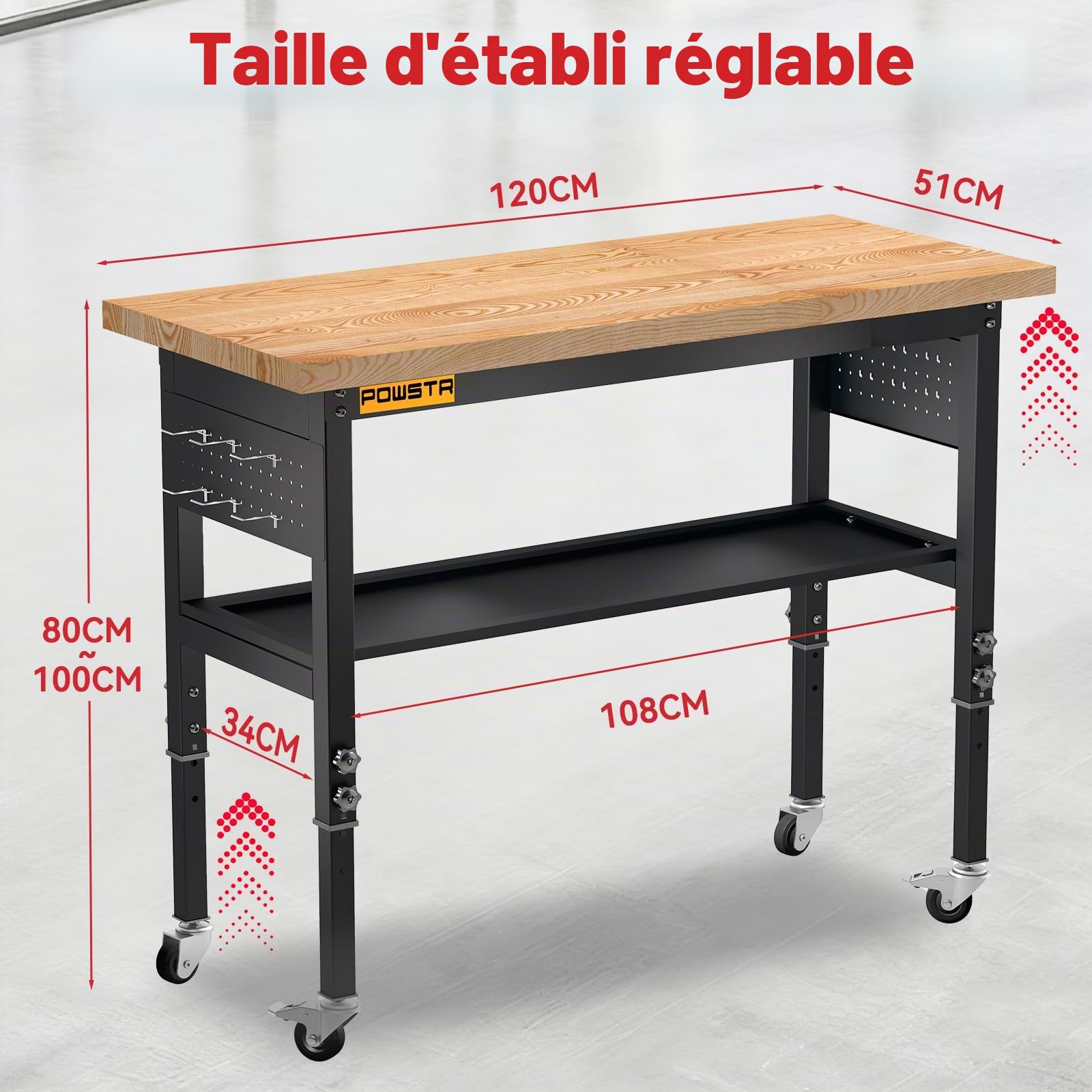 Établi Lourd de 120 cm, 5 Hauteurs Réglables, Charge 900 kg | Plateau en Bois d'Hévéa, Panneau Perforé Et Crochets, Établi Double Étage à Roulettes, pour Garage, Atelier, Bureau