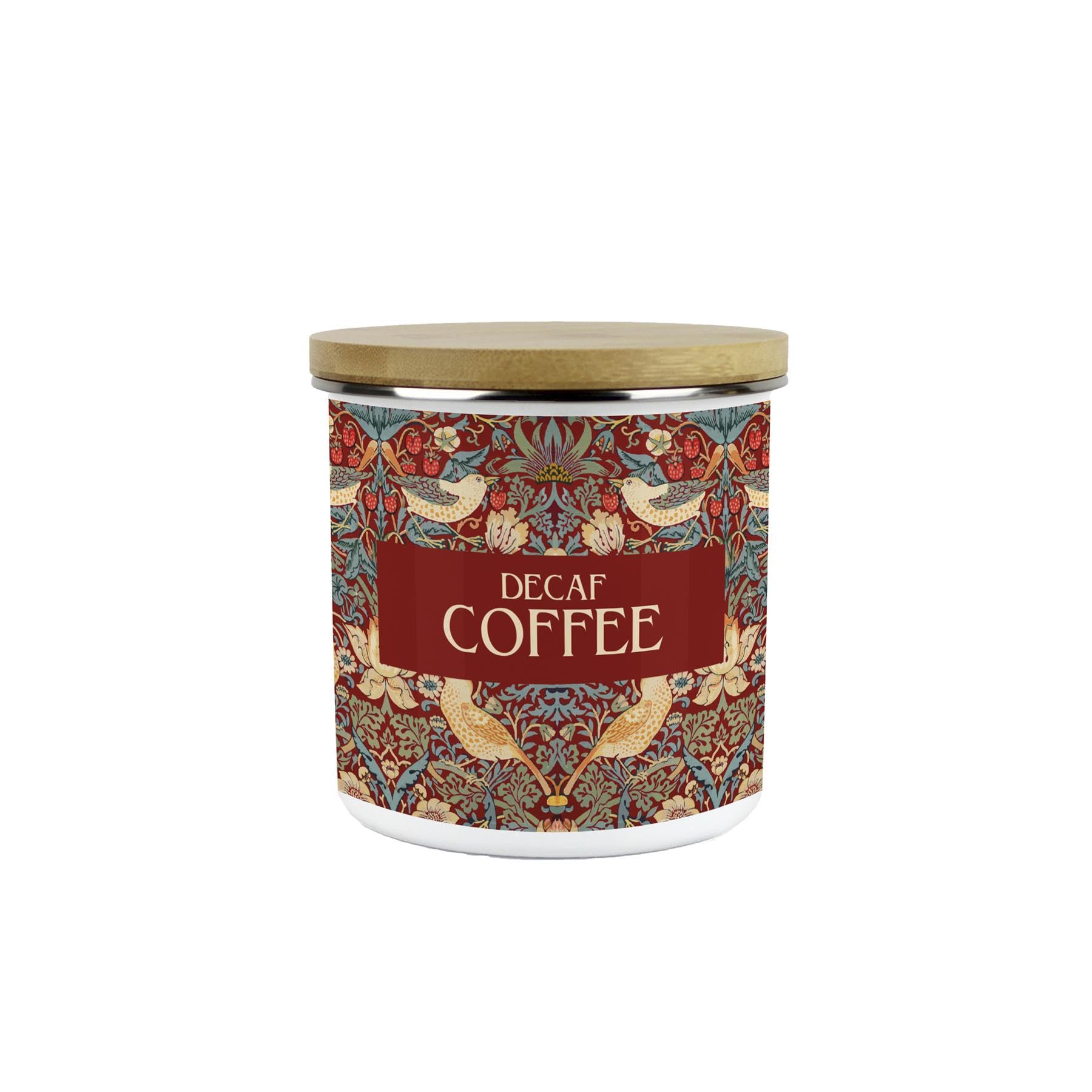 Purely Home Red Strawberry Thief Decaf Coffee Storage Canister - Morris Inspired Tapestry Artwork Homeware Gifts - Medium Metal Enamel Kitchen Hot Drinks Storage Container 600ml