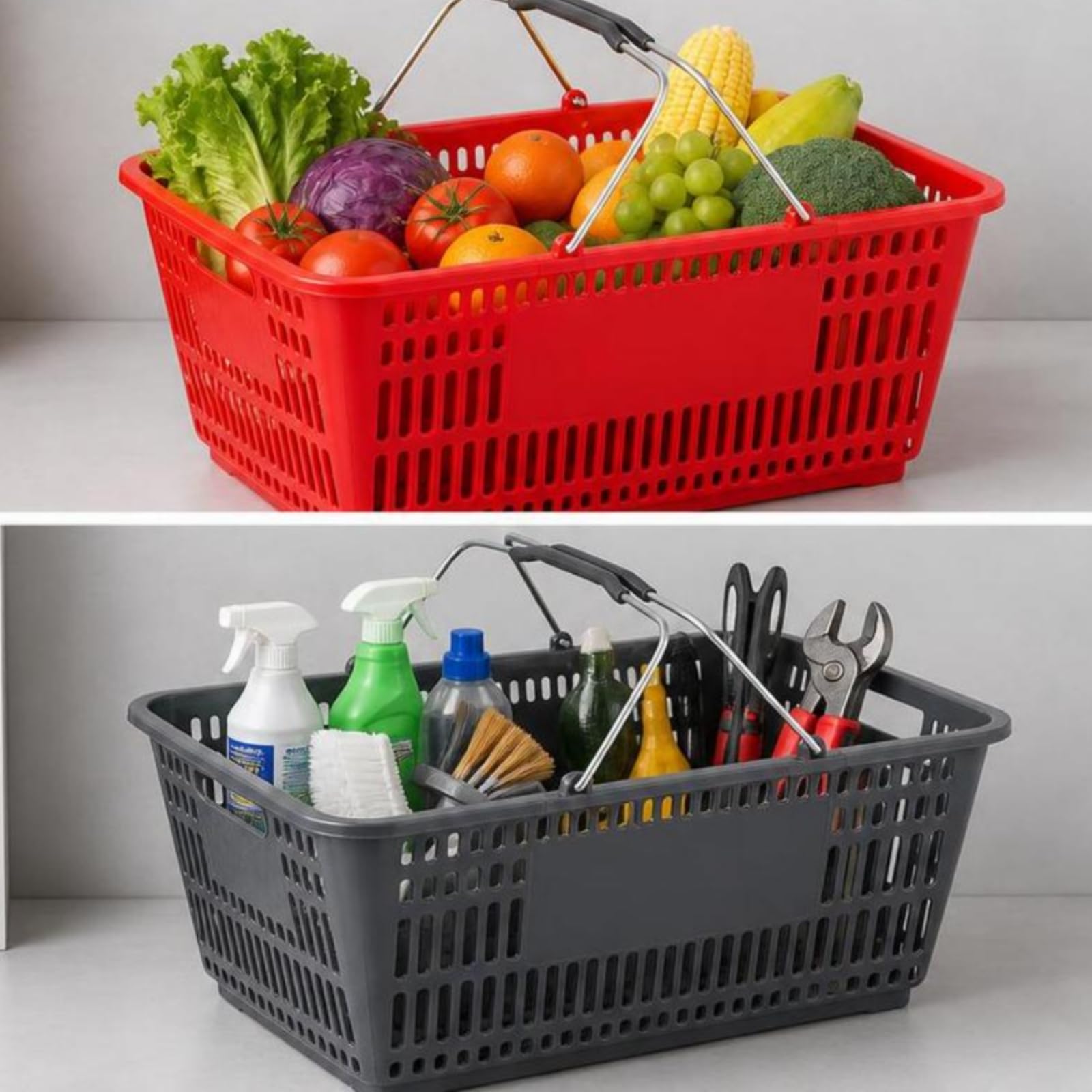 Supermarkt-Einkaufskorb Stapelbar Einkaufskorb mit Tragegriff Perforiert Plastikkorb mit Metallbügel für Einkauf, Küche, Grau, Groß