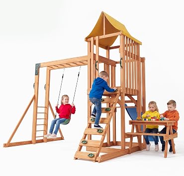 Wooden Swing Sets for Backyard- Outdoor Playset with 2 in 1 Outdoor Table, 6FT Wave Slide, Climbing Wall, and Belt Swing, Playground Sets with Monkey Bar