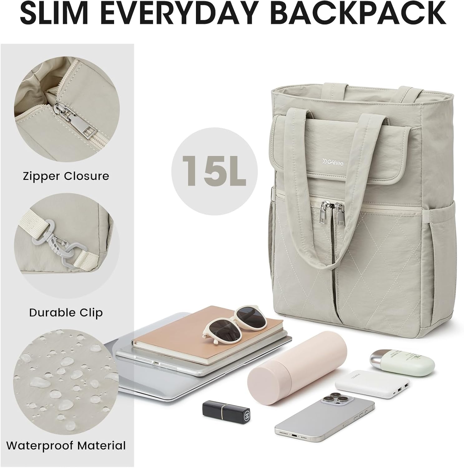 G4Free 2 in 1 Tote Backpack Fits 15" Laptop, Women Bag Daypack for College, Work, Teacher, Nurse -Beige - Image 4