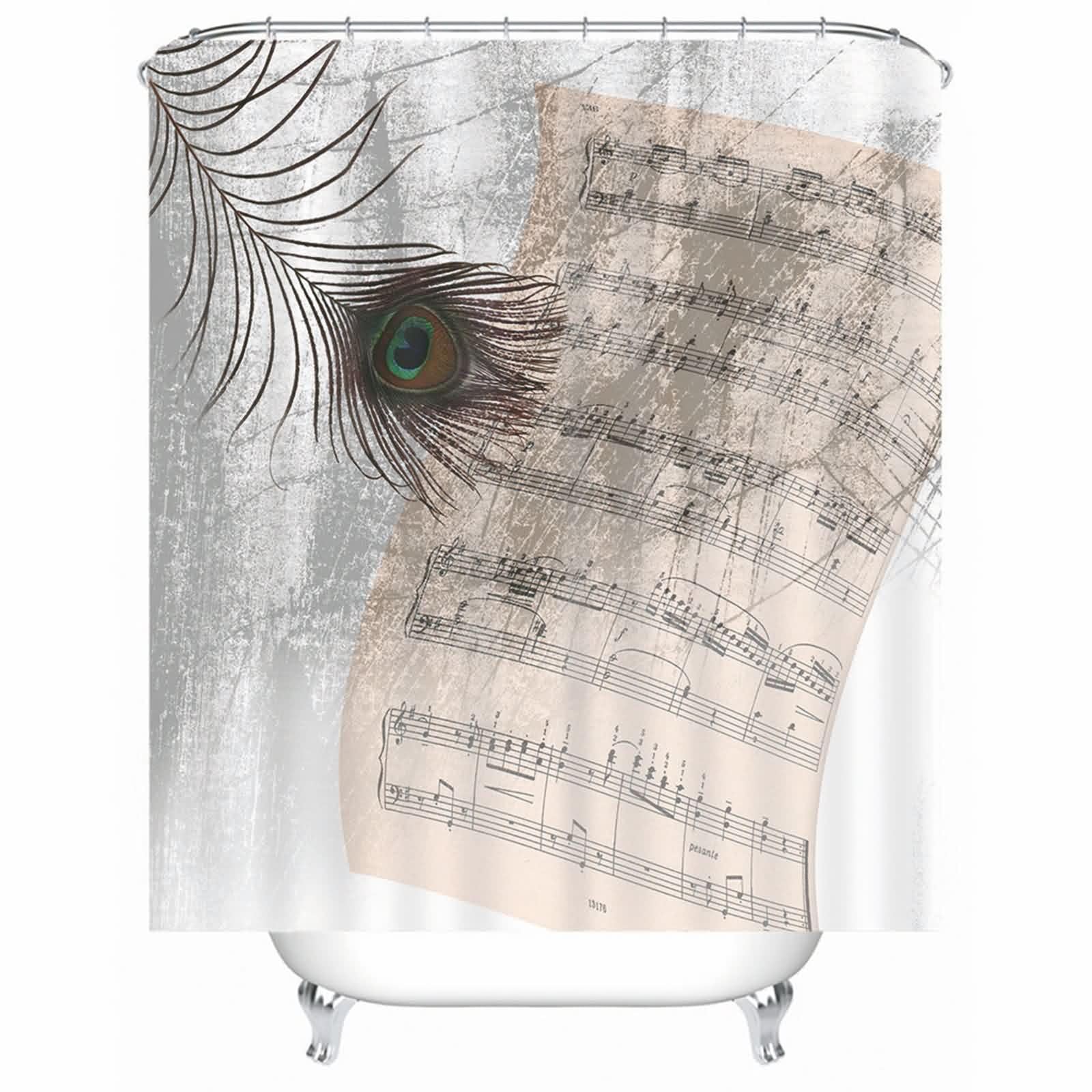 Rideau de douche gris en polyester avec branche de partition musicale pour rideau de bain lavable