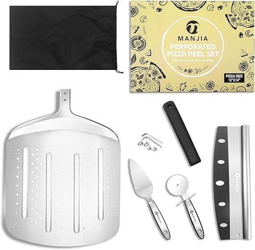 Miniatura 8 de MANJIA Pala perforada para pizza, pala de aluminio para pizza de 12 pulgadas con cortador basculante, bolsa de almacenamiento, juego de espátulas