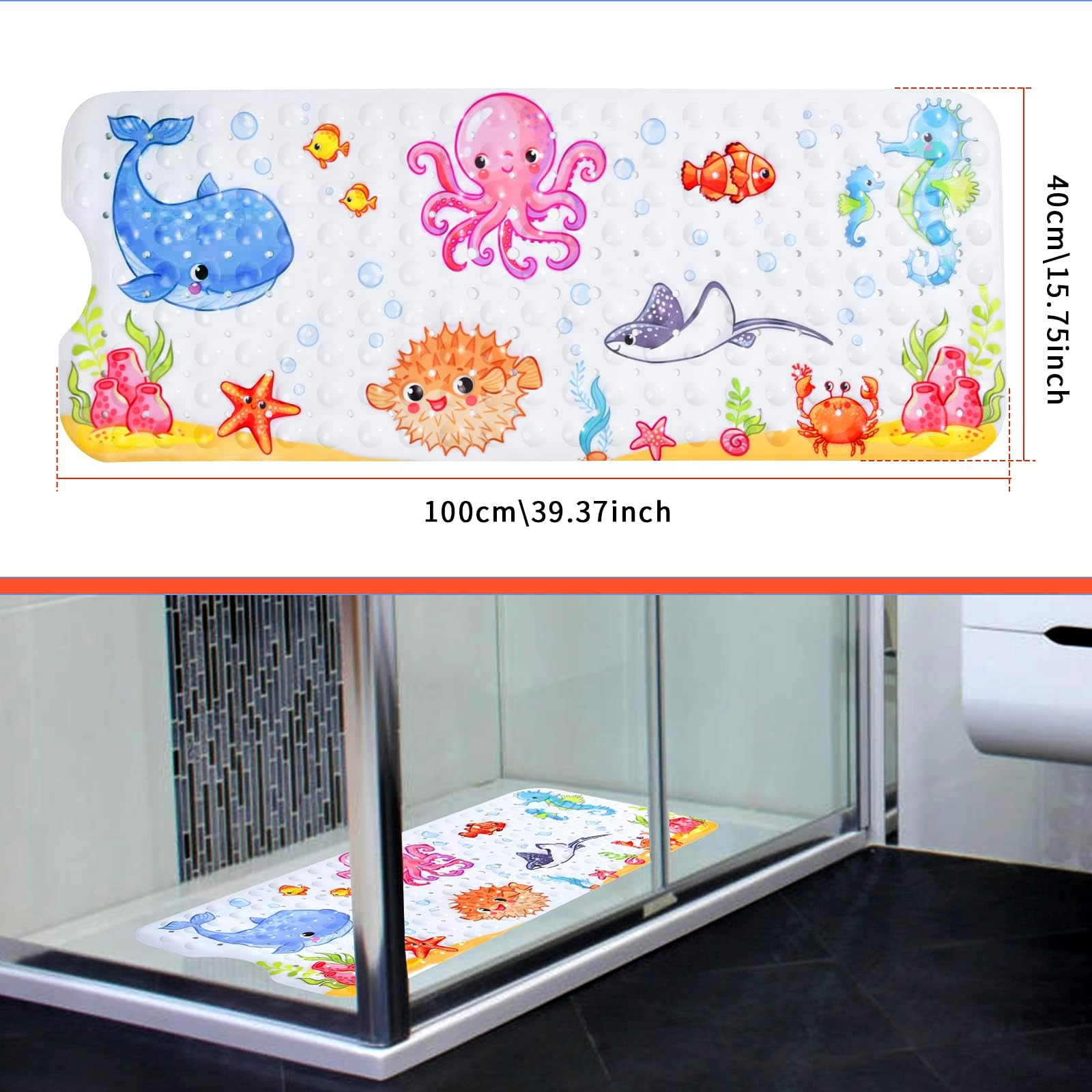 Zosenyer Tapis de douche antidérapant pour enfants, 100 x 40 cm, tapis de douche, pour baignoire, douche, sans BPA, tapis de douche, résistant à la moisissure et lavable en machine