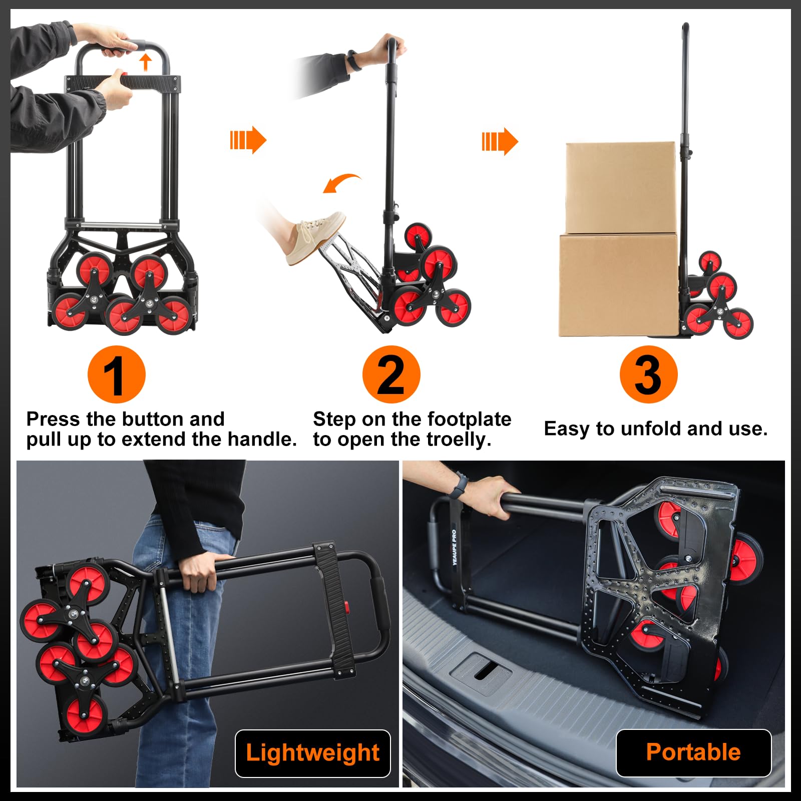 Carretilla Plegable con Ruedas de aleación de Acero, 100 kg, 110 cm, con Cuerda elástica y Cuerda elástica