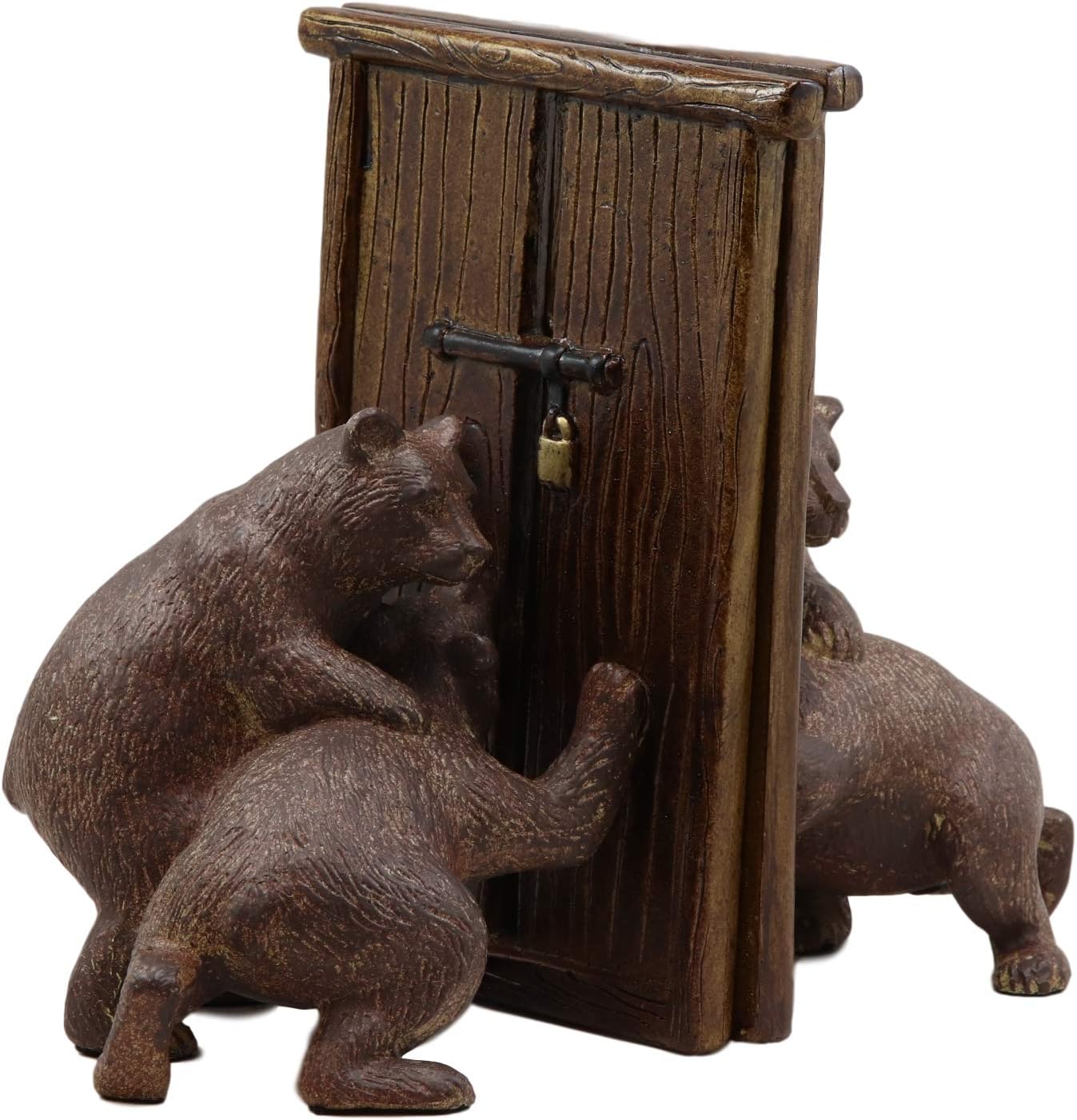 Ebros Gift Rustic Forest Teamwork Bears Pushing Against Barn Doors Bookends Pair Figurine 7.75" High Decorative Bear Statue Set Home and Office Cabin Lodge Mountain Decor Book Organizer Accent