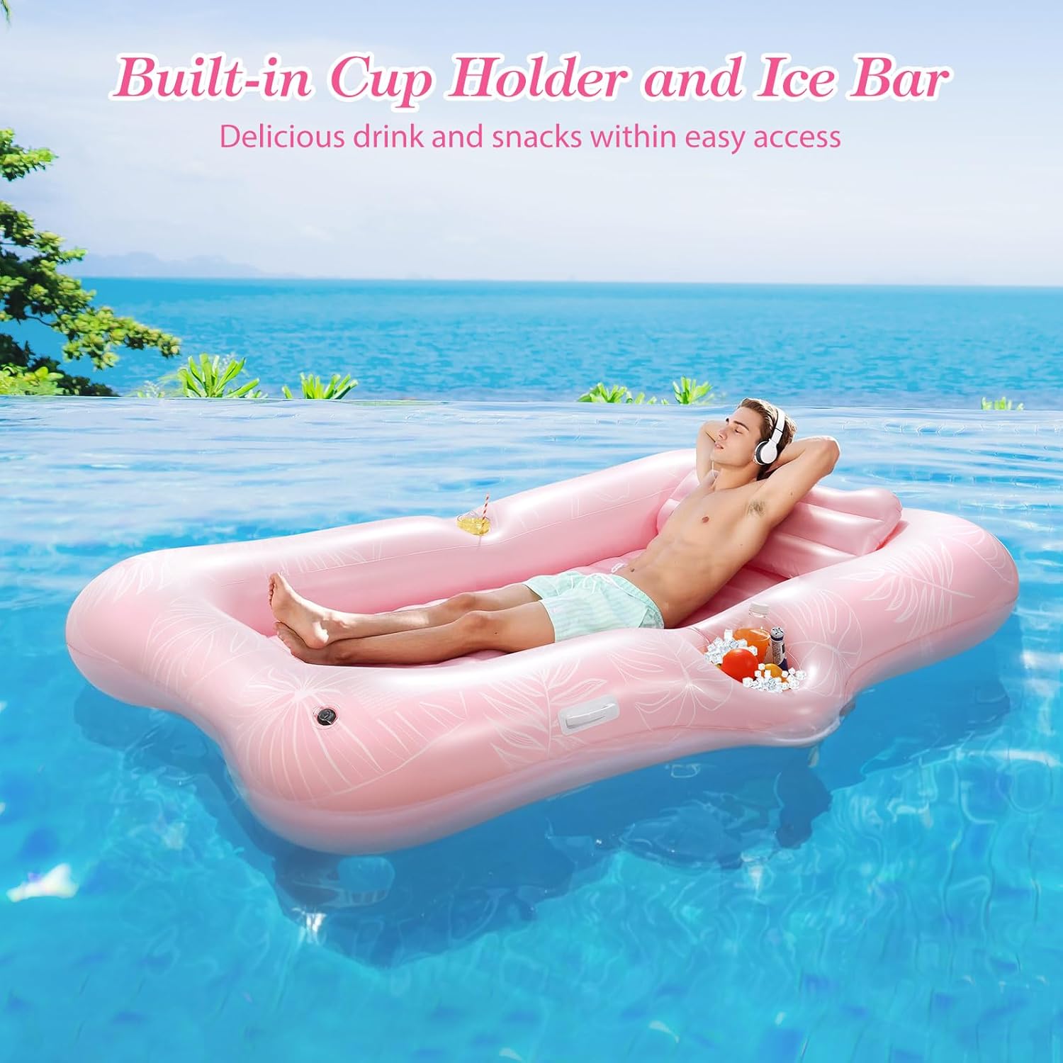 MoKo Pool Floats Adult, Large Floating Bed with Ice Bar, Tanning Bed Pool Raft Inflatable Lounger with Drink Holder Tanning Chair Inflatable Pool Toys for Party Beach Backyard