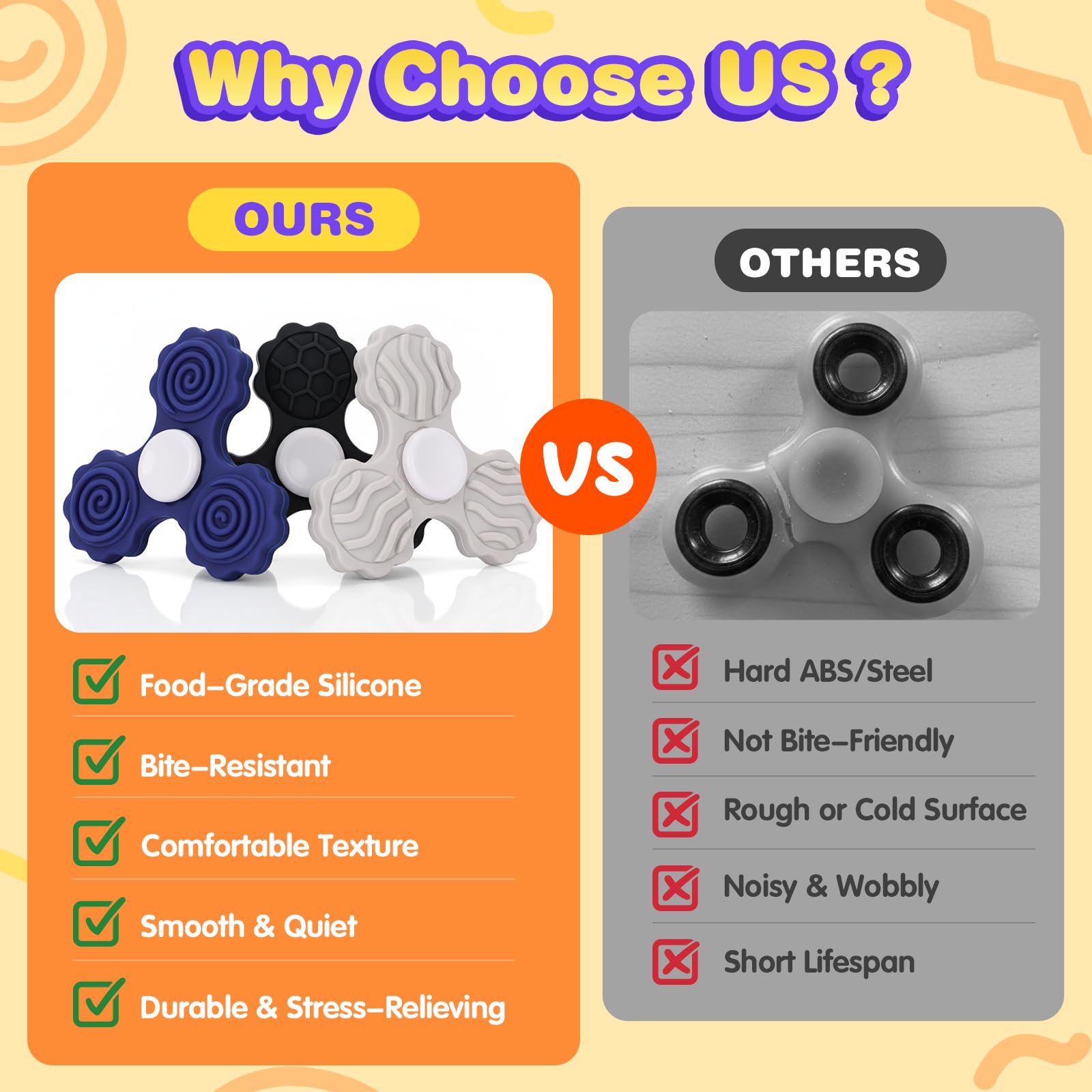 3 PCS Silicone Fidget Spinners, strutturato giocattoli sensoriali per adulti