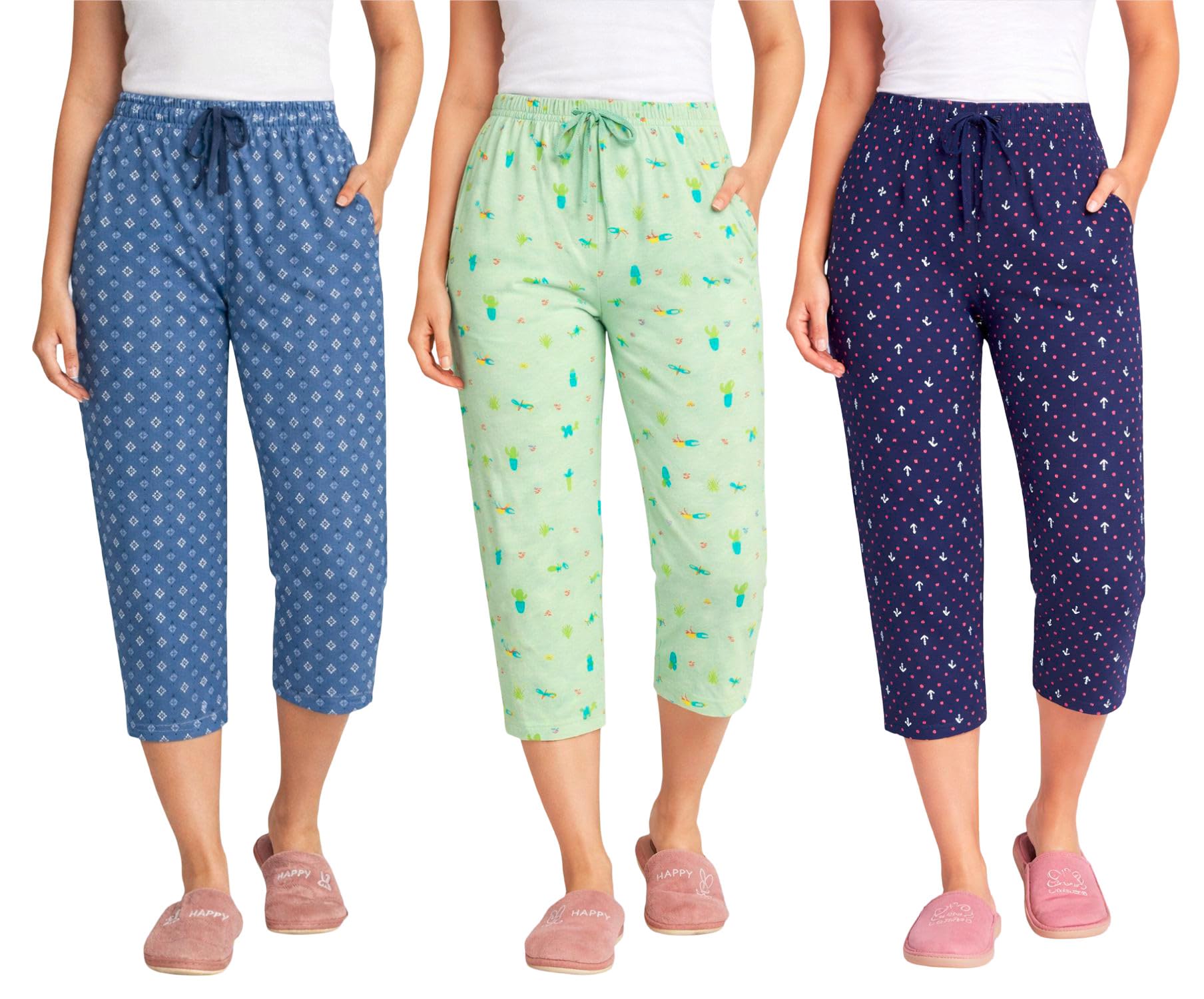 Women’s Printed Cotton Capri Pants Pack of 3 for Women with Pocket | Soft Comfortable Stretchable Daily Wear Lounge Capri Bottomwear Set (BLUE-LIGHTGREEN-NAVY, M)-picture-42