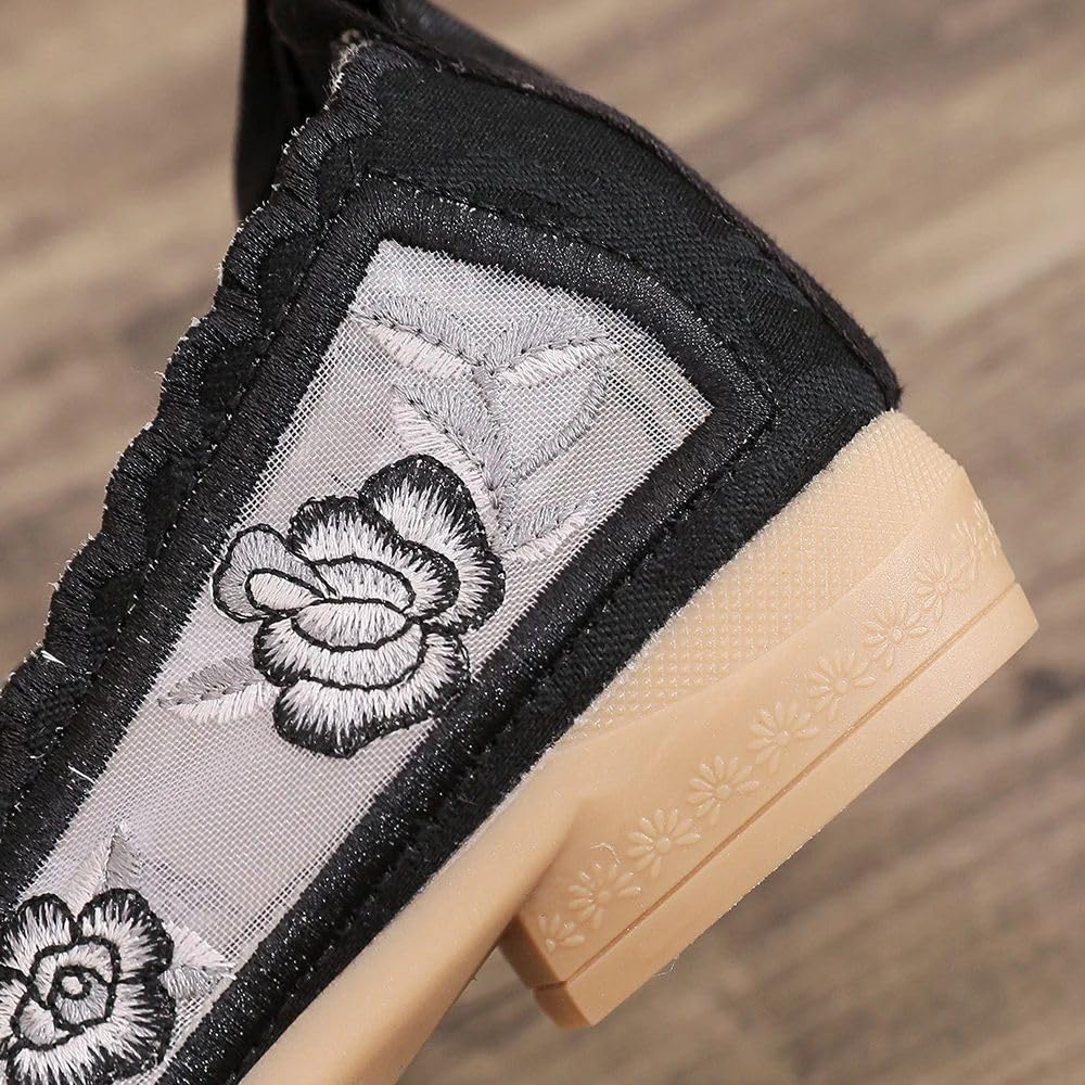JYHBHMZG Vintage Bestickte Damen Gaze Mesh Knöchelriemen Ballettflats Schwarz Sommer Bequeme Kühle Gehschuhe