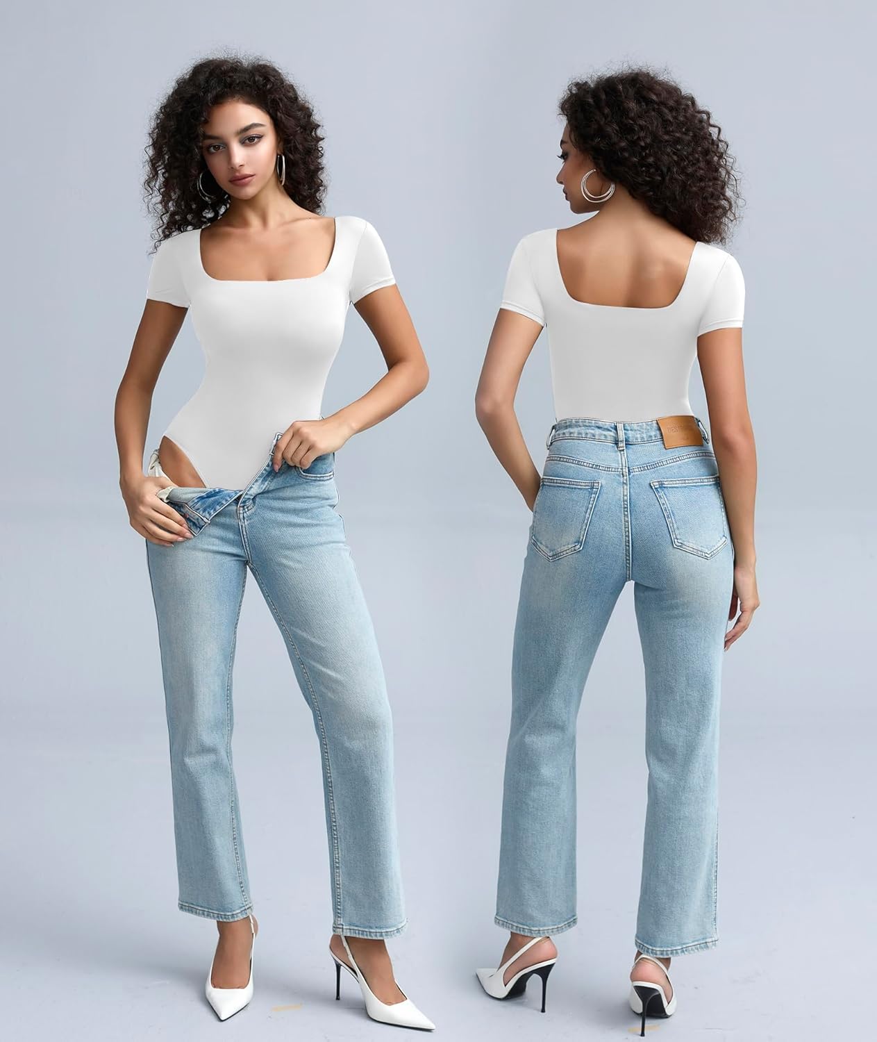 Women's Sexy Square Neck Double-Lined Bodysuits Short Sleeve T-Shirts Body Suits Summer Slim Fitted Tops - Image 6