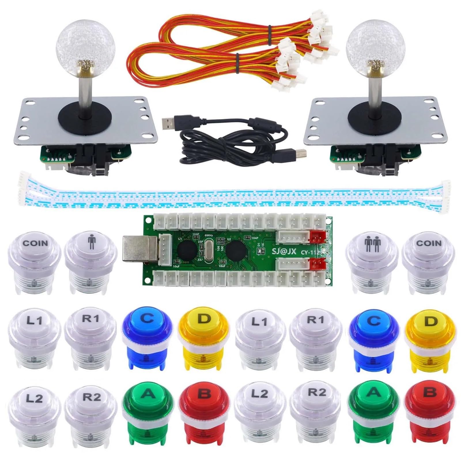 Sj @ Jx Kit per Giochi Arcade A 2 Giocatori con Controller, Microinterruttore, Joystick, Encoder (Bianco)