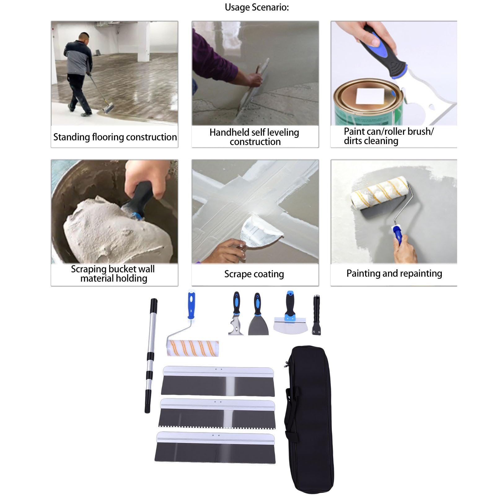 FTVOGUE Kit de Herramientas para Cemento de 10 Piezas, Bolsa de Almacenamiento Incluida, Autonivelante de Acero Inoxidable, para Trabajos de Albañilería