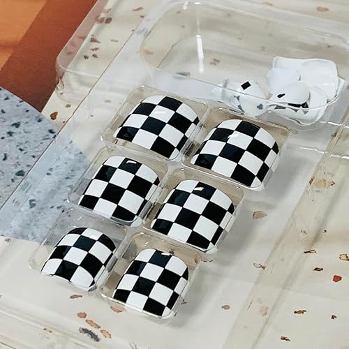 Miniatura 5 de Vezocim Uñas postizas a presión con diseños de tablero de ajedrez blanco y negro, 24 uñas postizas blancas artificiales para los dedos, uñas