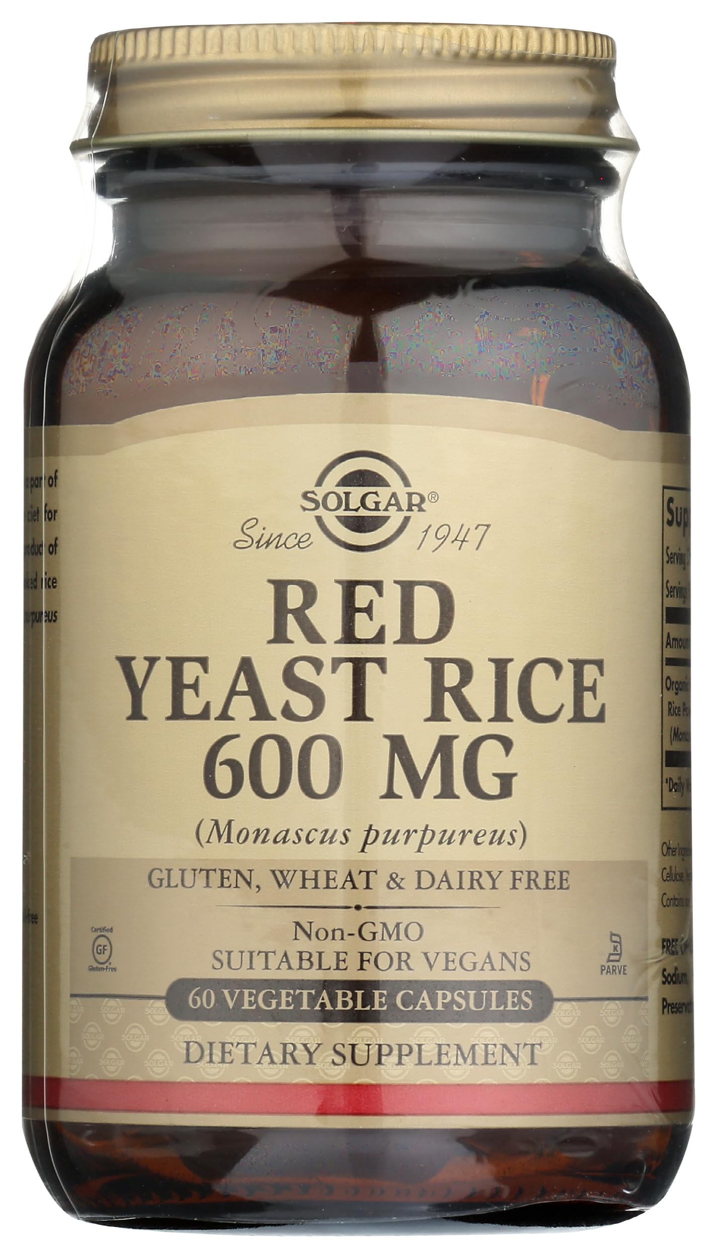 Solgar Red Yeast Rice 600 mg - 60 Vegetable Capsules - Non-GMO, Vegan, Gluten Free, Dairy Free, Kosher - 30 Servings