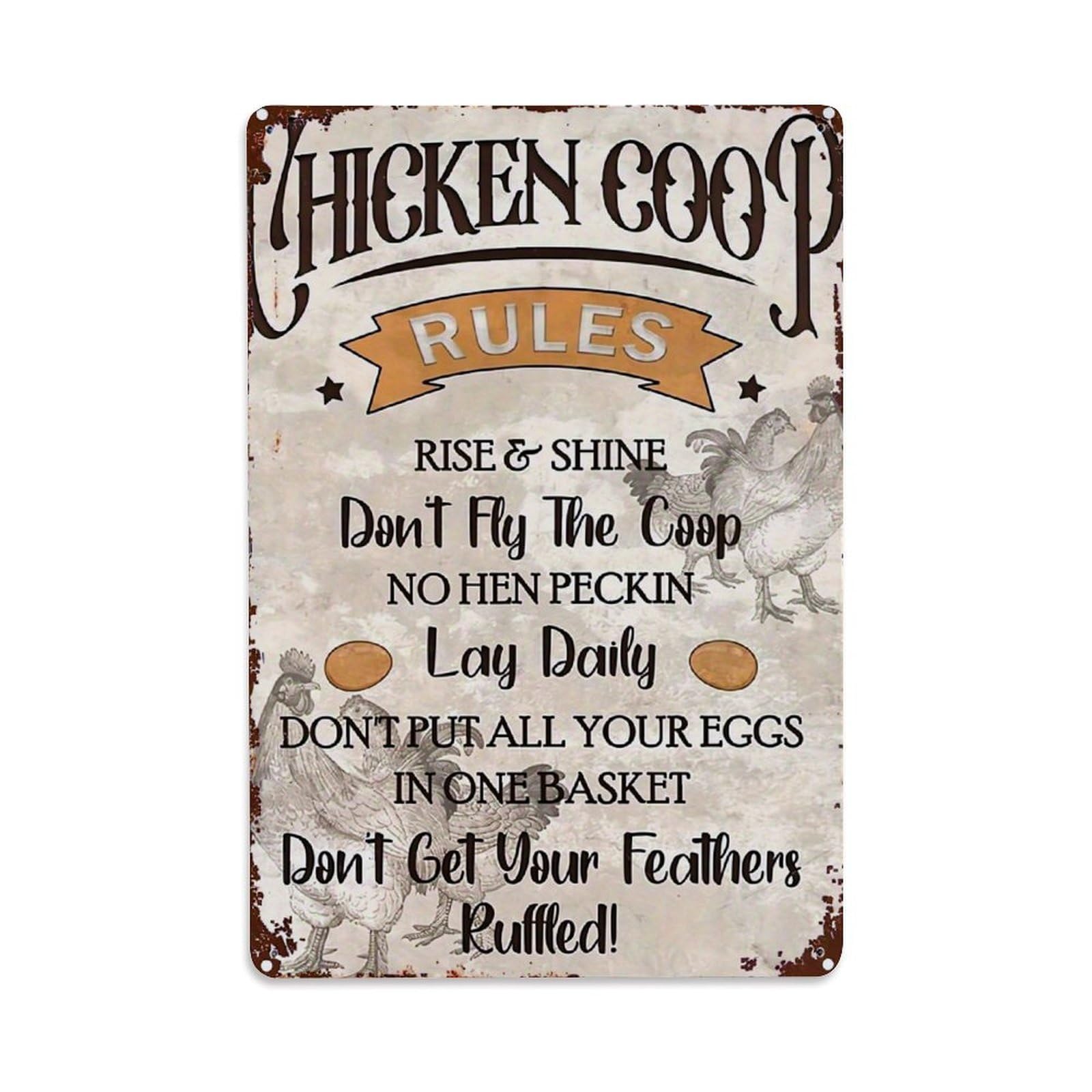 Bliveurn Vintage Chicken Coop Rules Sign Retro Metal Tin Sign, Metal Poster For Home, Gaming Room, Studio Workshop,Bar,Garage Wall Art Decor 8X12 Inch