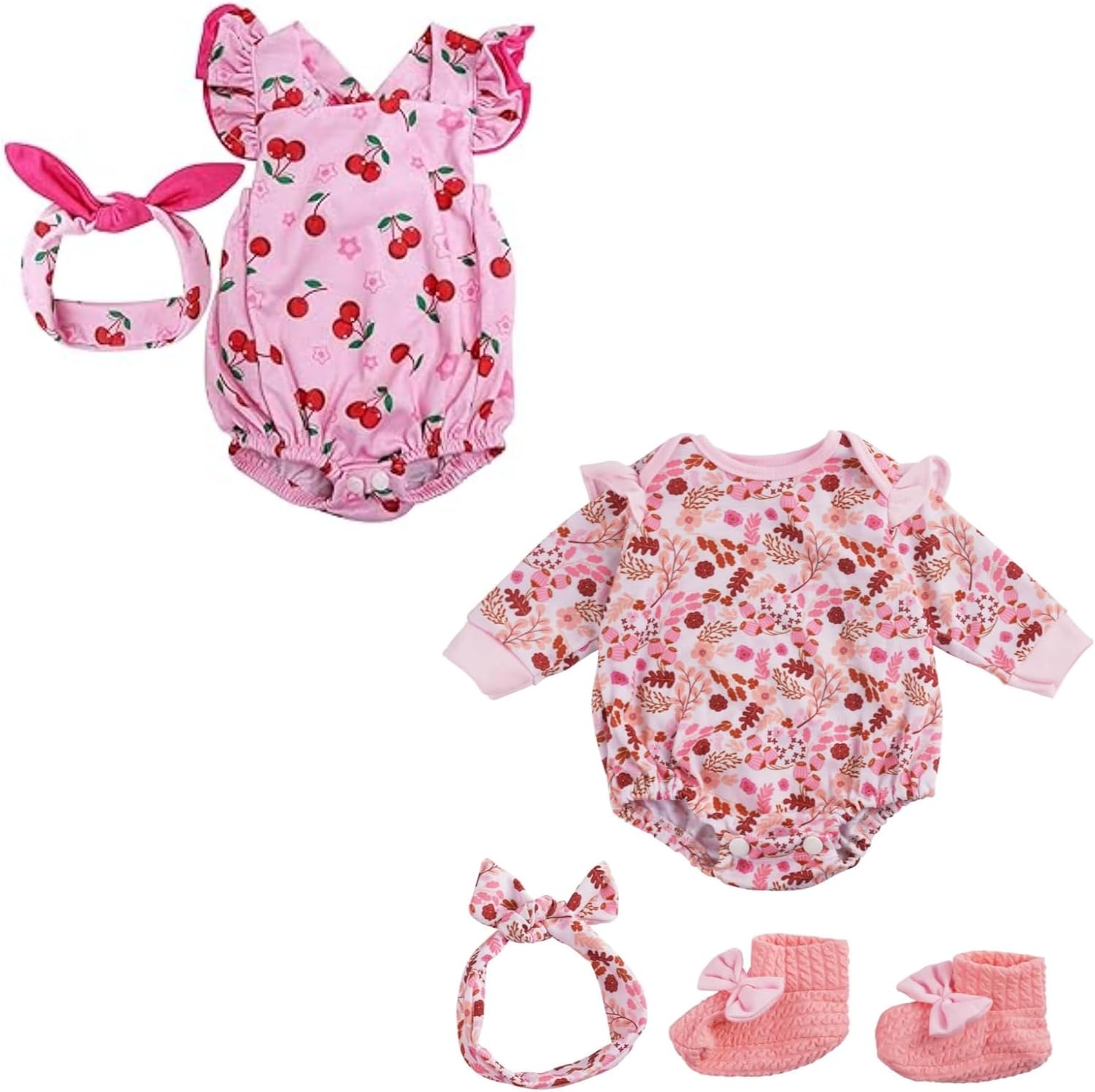 2 Sets 17-22 Inch Reborn Baby Doll Clothes, Flower & Cherry Pattern